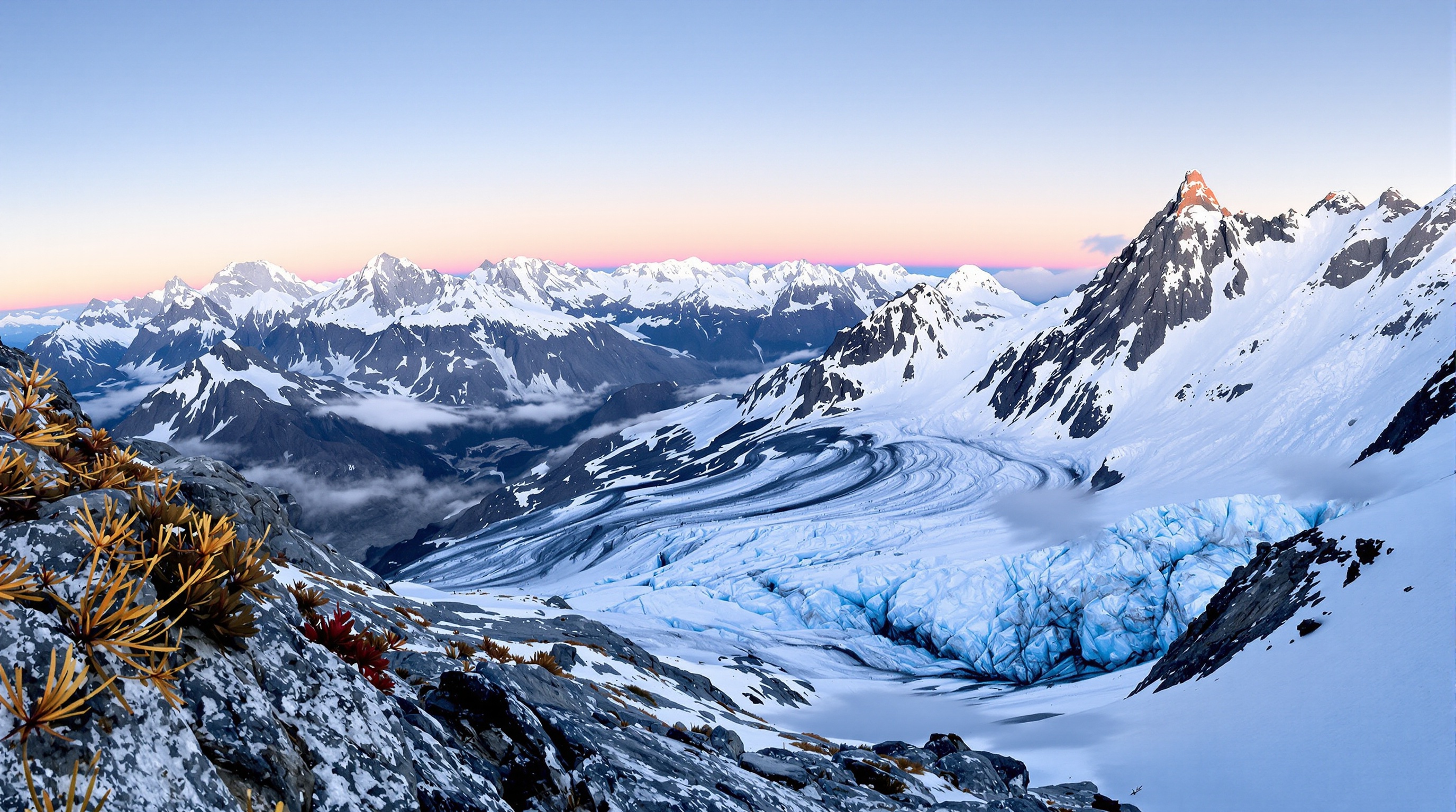 Glacier majestueux du Parc National de la Vanoise près de Val Thorens sous lumière froide illustrant beauté brute et fragilité alpine.
