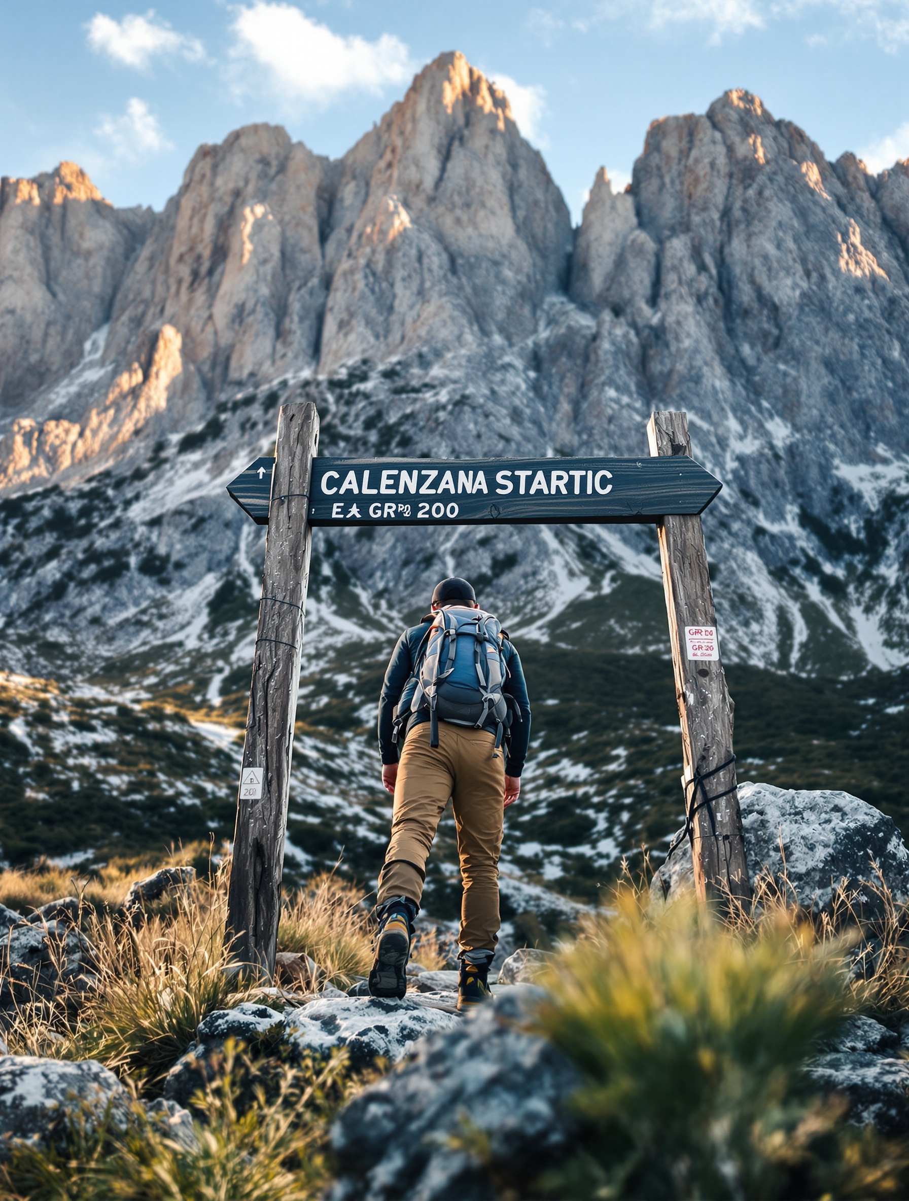 Panneau de départ officiel du GR20 à Calenzana avec une vue sur les montagnes corses, un randonneur avec sac à dos s'apprête à partir.