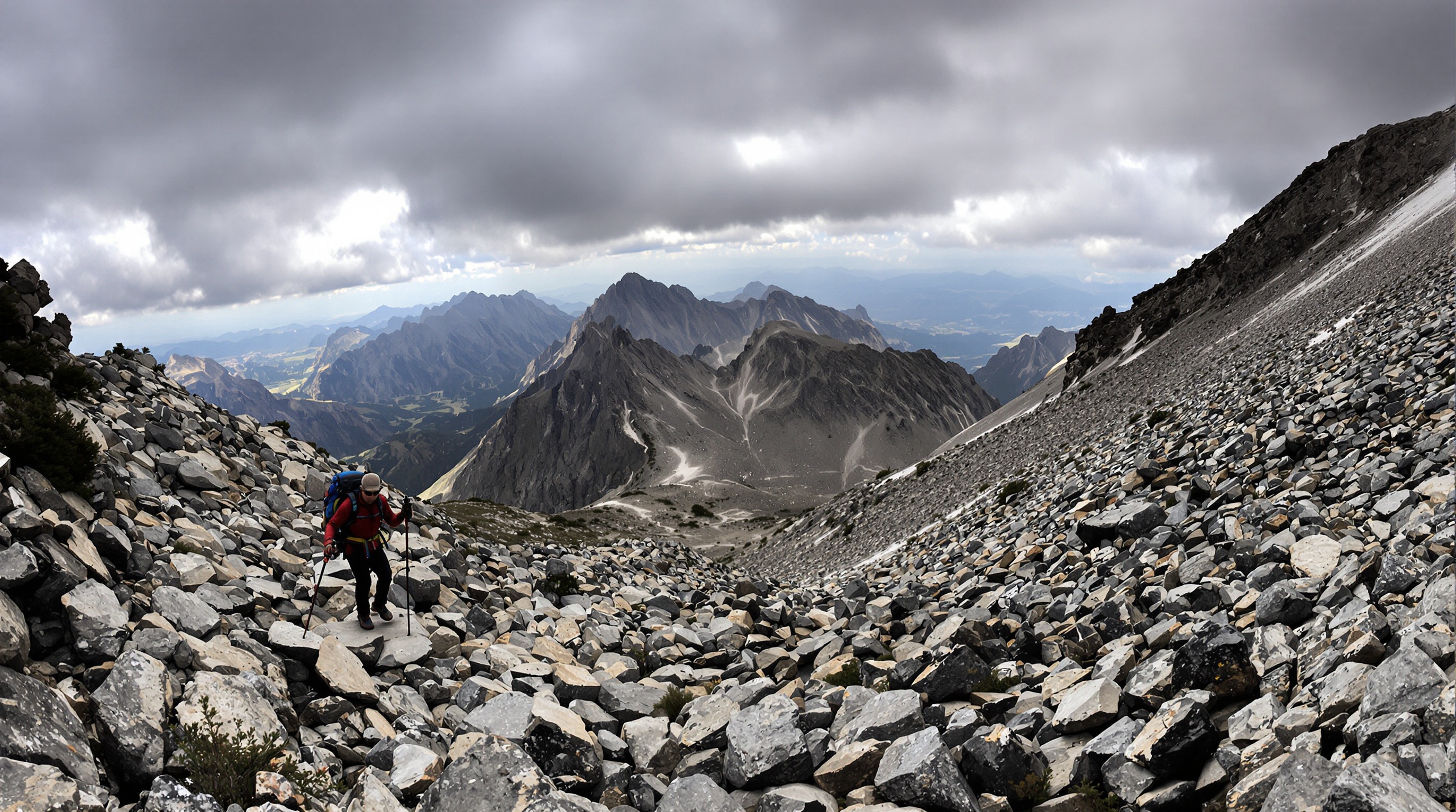 Sentier technique du GR20 avec dalles rocheuses et pierriers sous ciel menaçant