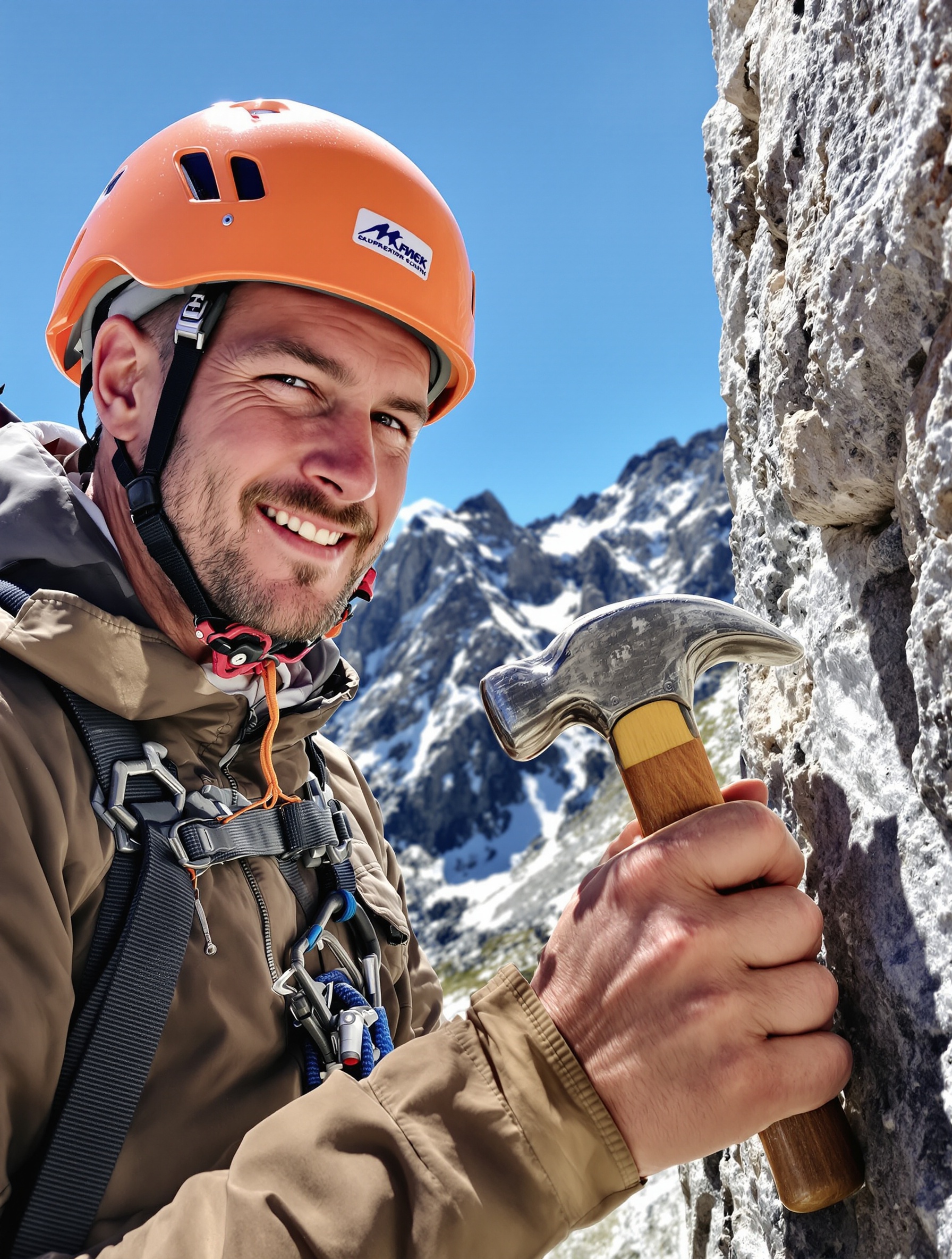 Retrait soigneux d'un piton avec marteau et sangle en montagne alpine.