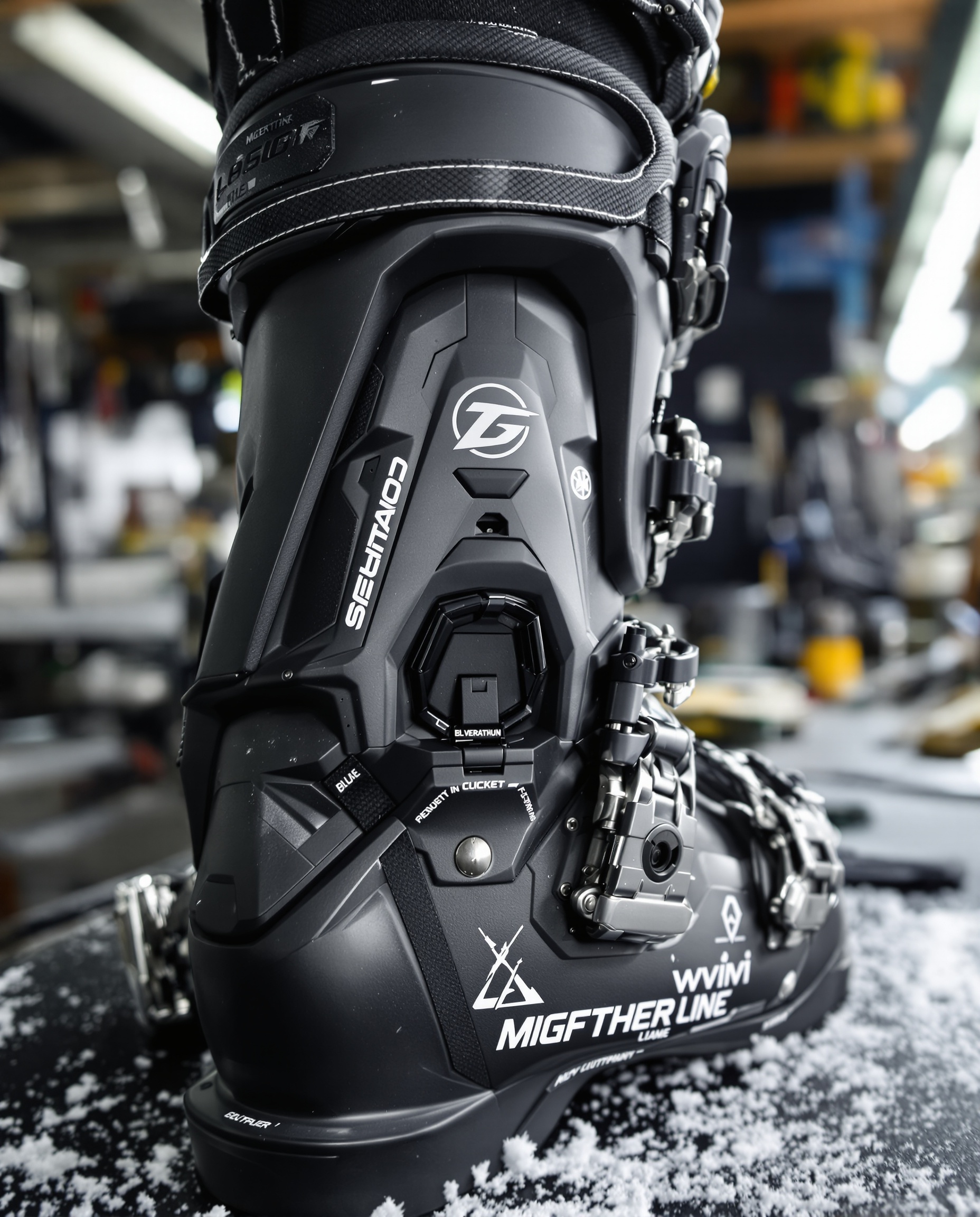 Gros plan chaussure ski rigide haut de gamme Basile Chartier