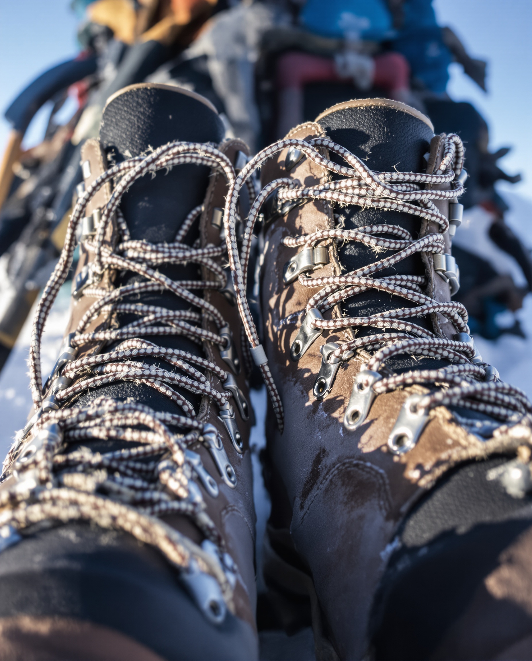 Chaussures de montagne usées prêtes, départ ENSA, sac à dos, lever du soleil.