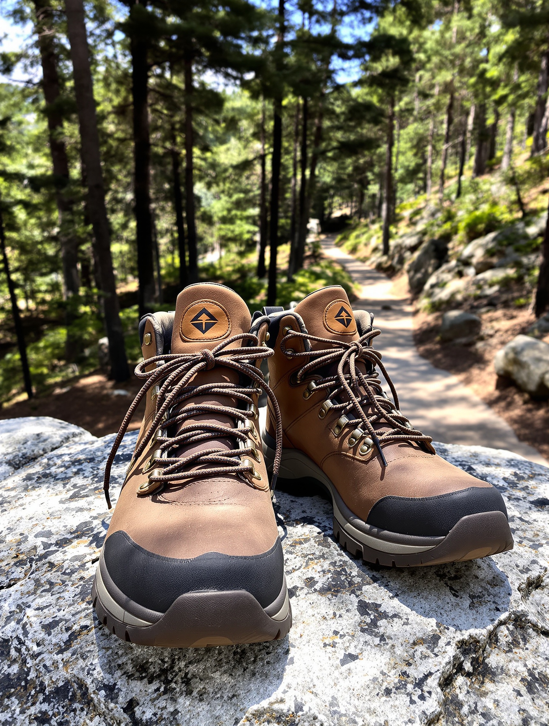 Chaussures de randonnée robustes sur granit du GR20 – forêt Valdu Niellu en arrière-plan