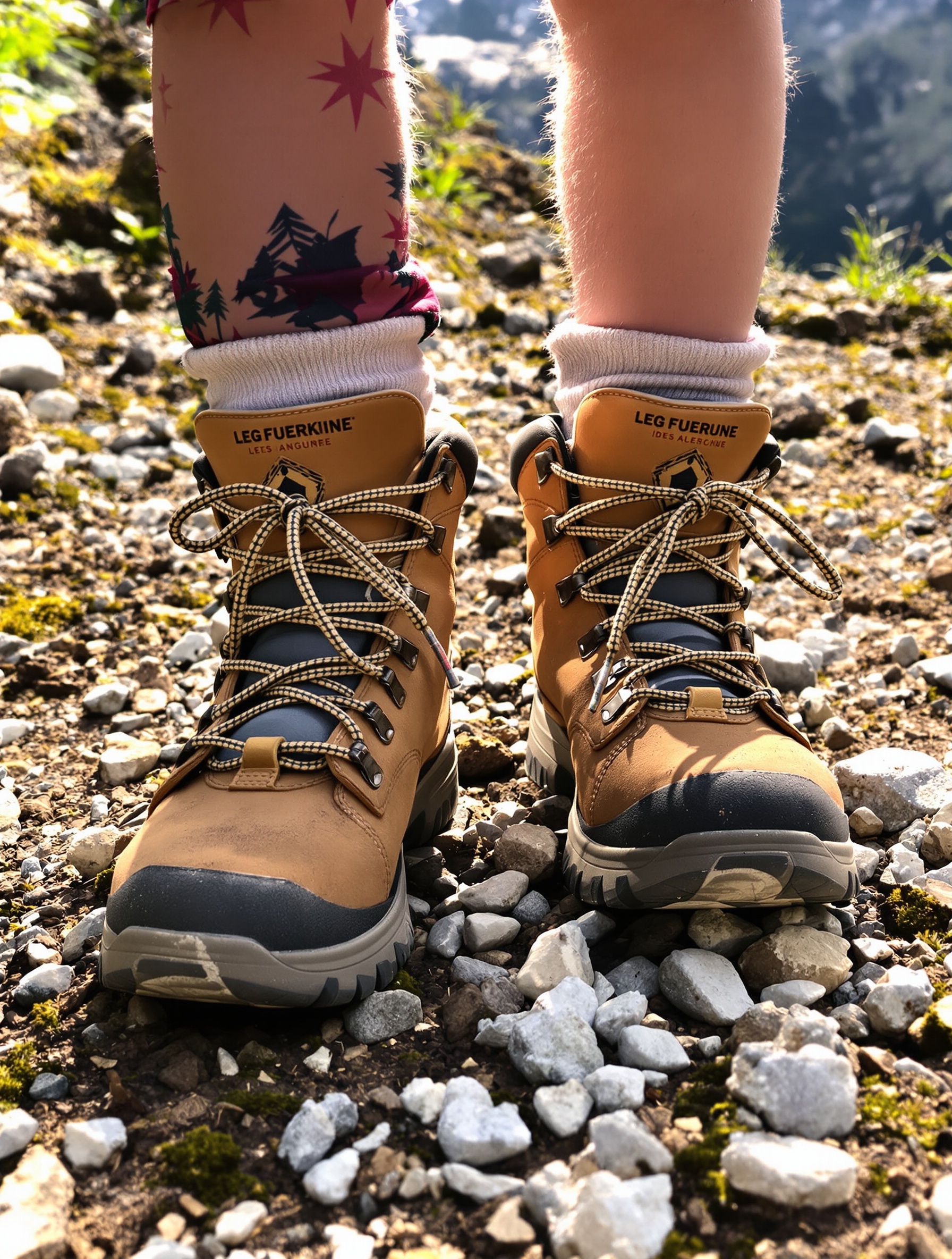 Gros plan sur les pieds d'un enfant chaussé de bonnes chaussures de randonnée, posés sur un sentier de montagne. L'image doit inspirer le confort, l'aventure et la sécurité.