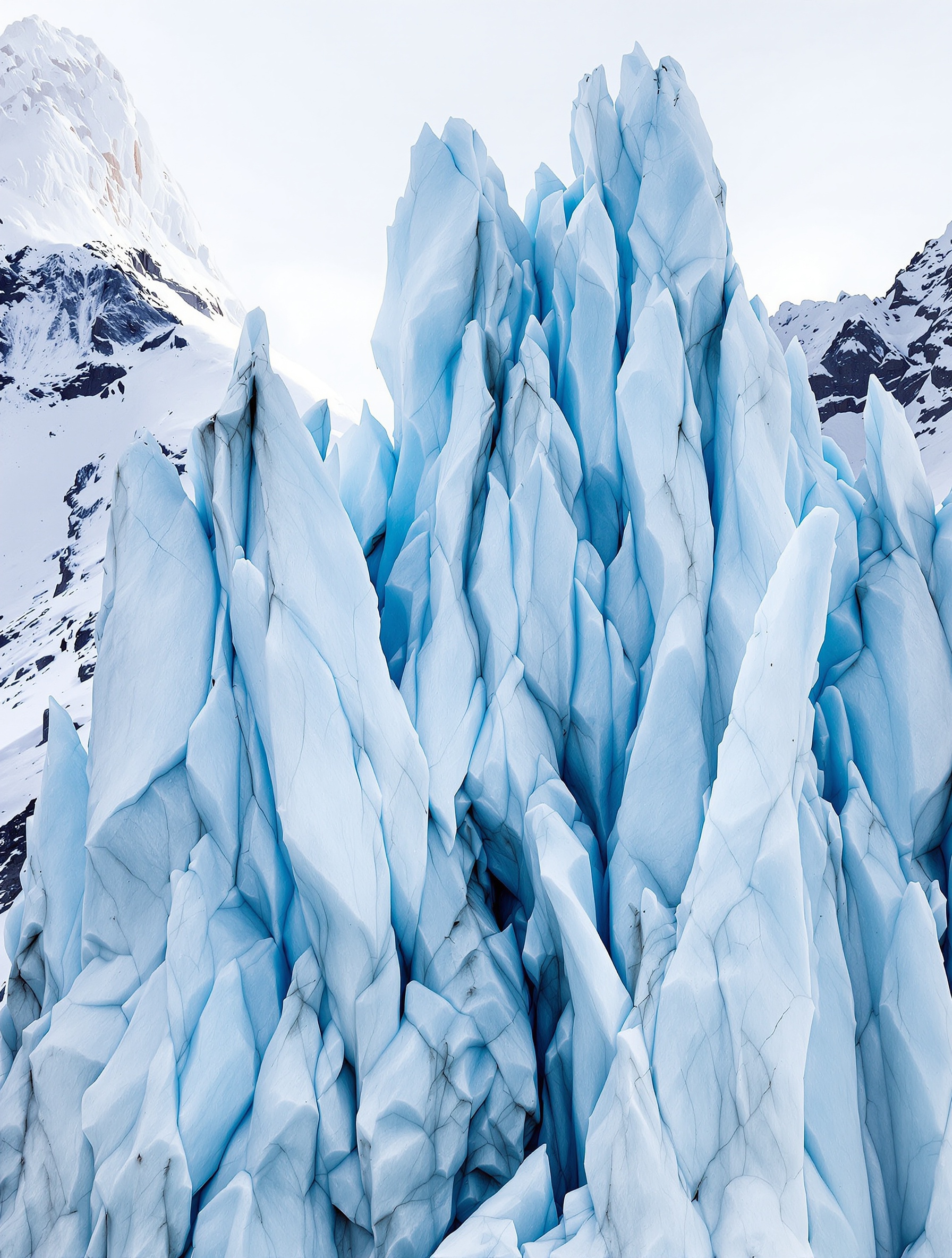 Gros plan sur des séracs menaçants, illustrant le danger des blocs de glace instables en haute montagne et le risque d'effondrement pour les alpinistes.