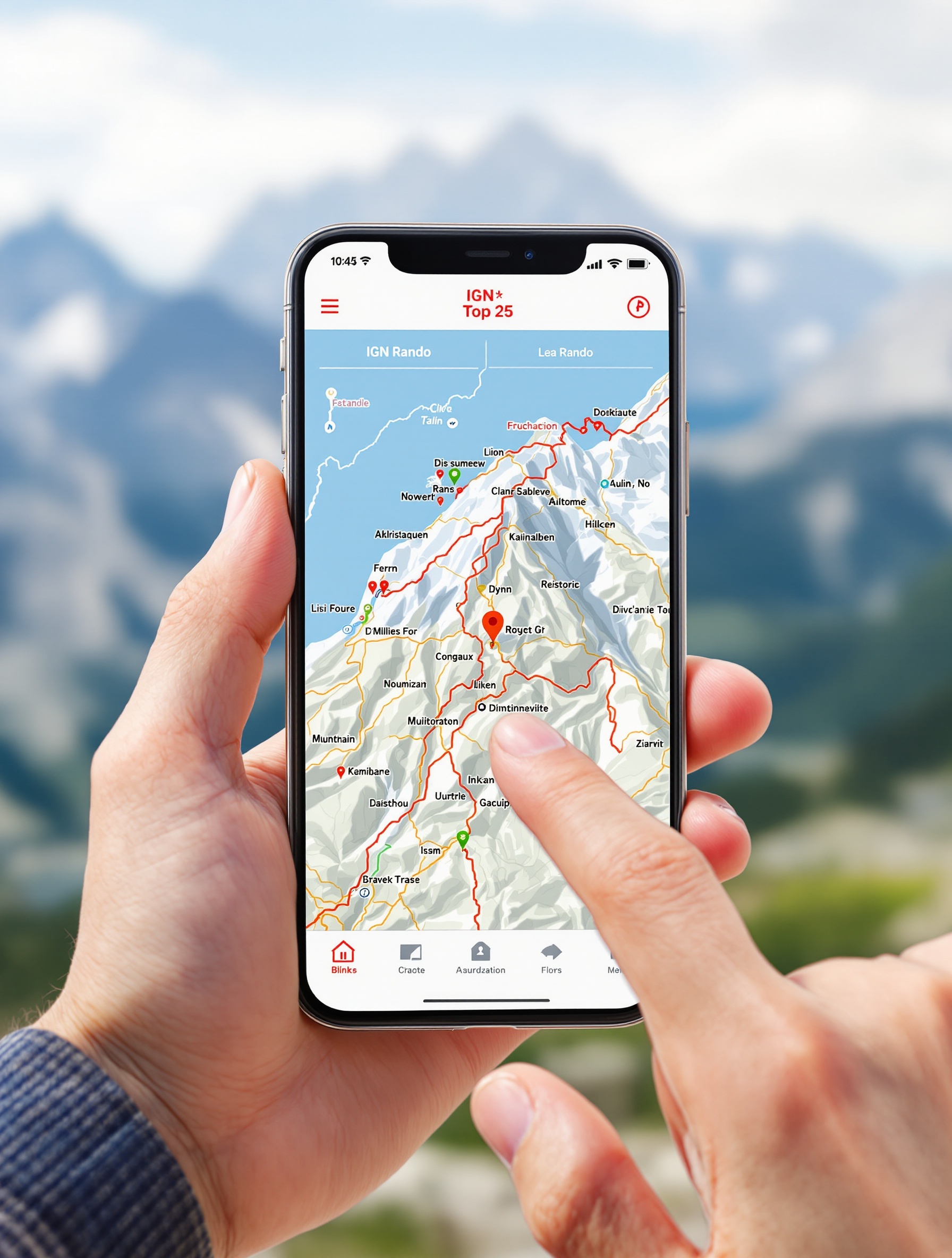 Exemple de carte IGN Top 25 affichée sur l'application IGN Rando, montrant un relief détaillé et les sentiers.