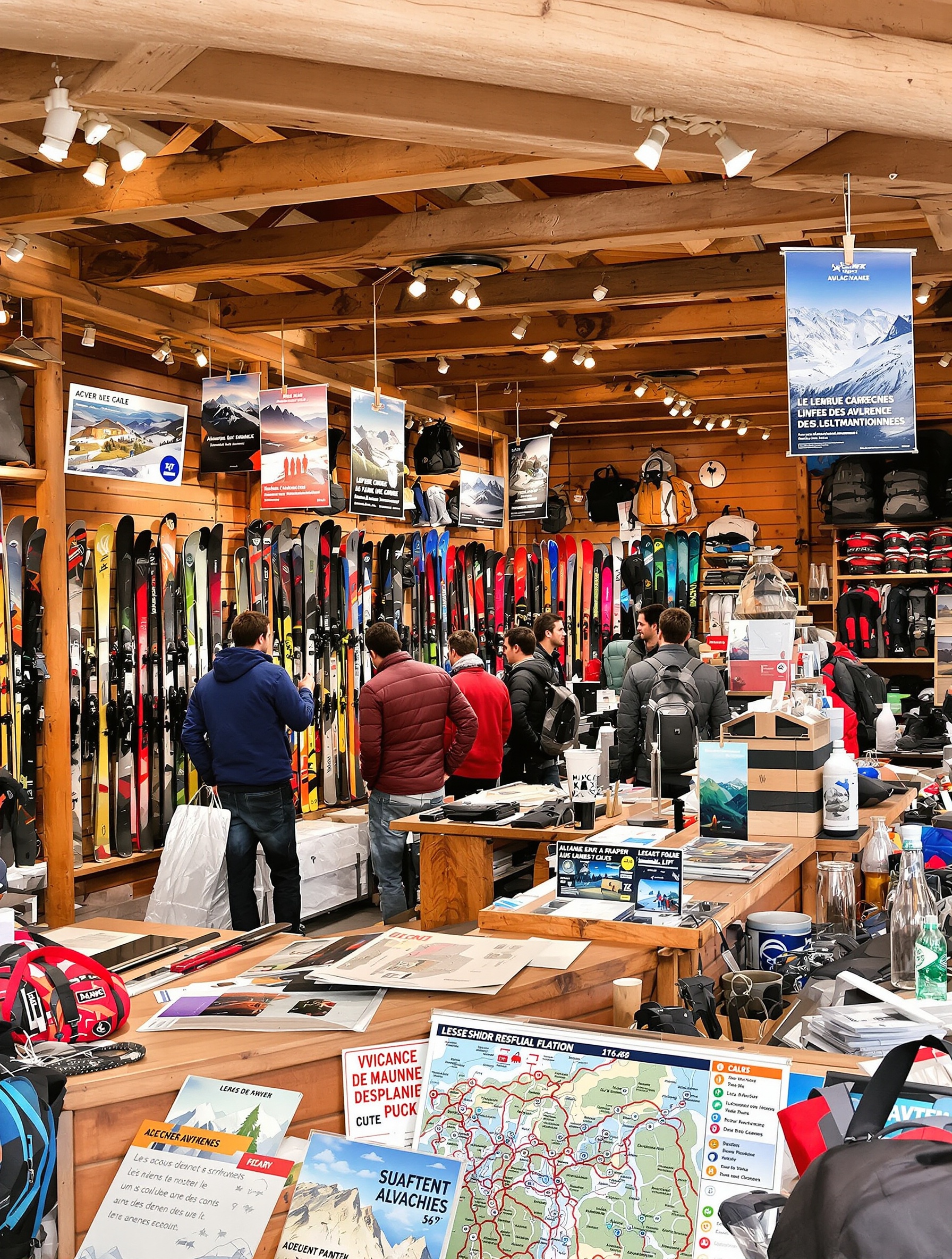 Intérieur authentique d’un Mountain Shop animé, conseil client et matériel technique.