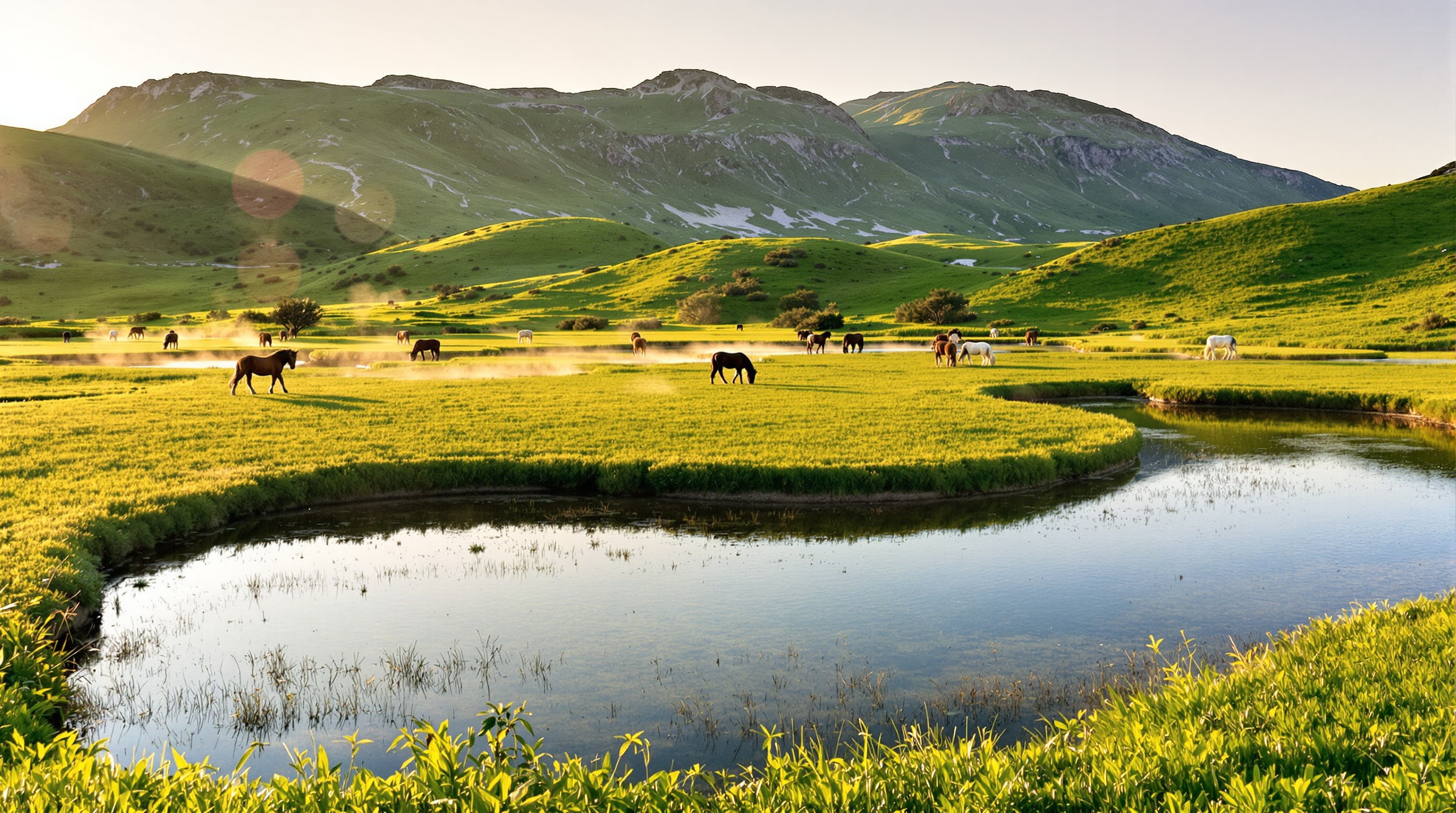 Vue panoramique du Lac de Nino au lever du soleil avec pozzines et chevaux en liberté