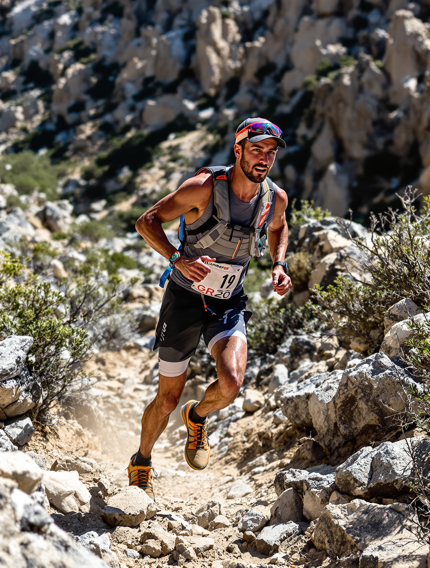 Lambert Santelli en pleine action sur un segment technique du GR20 Corse