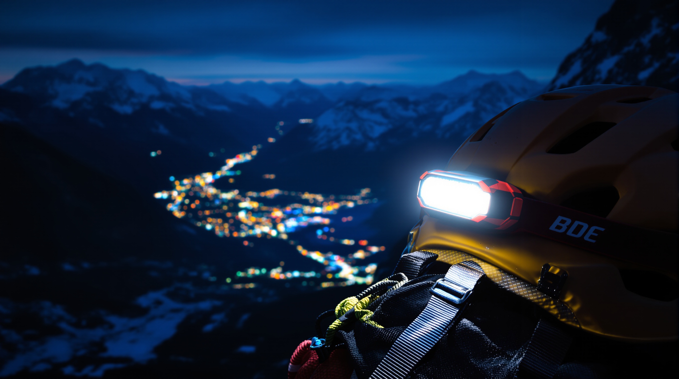 Lampe frontale moderne, compacte et lumineuse, prête pour les aventures nocturnes en montagne.