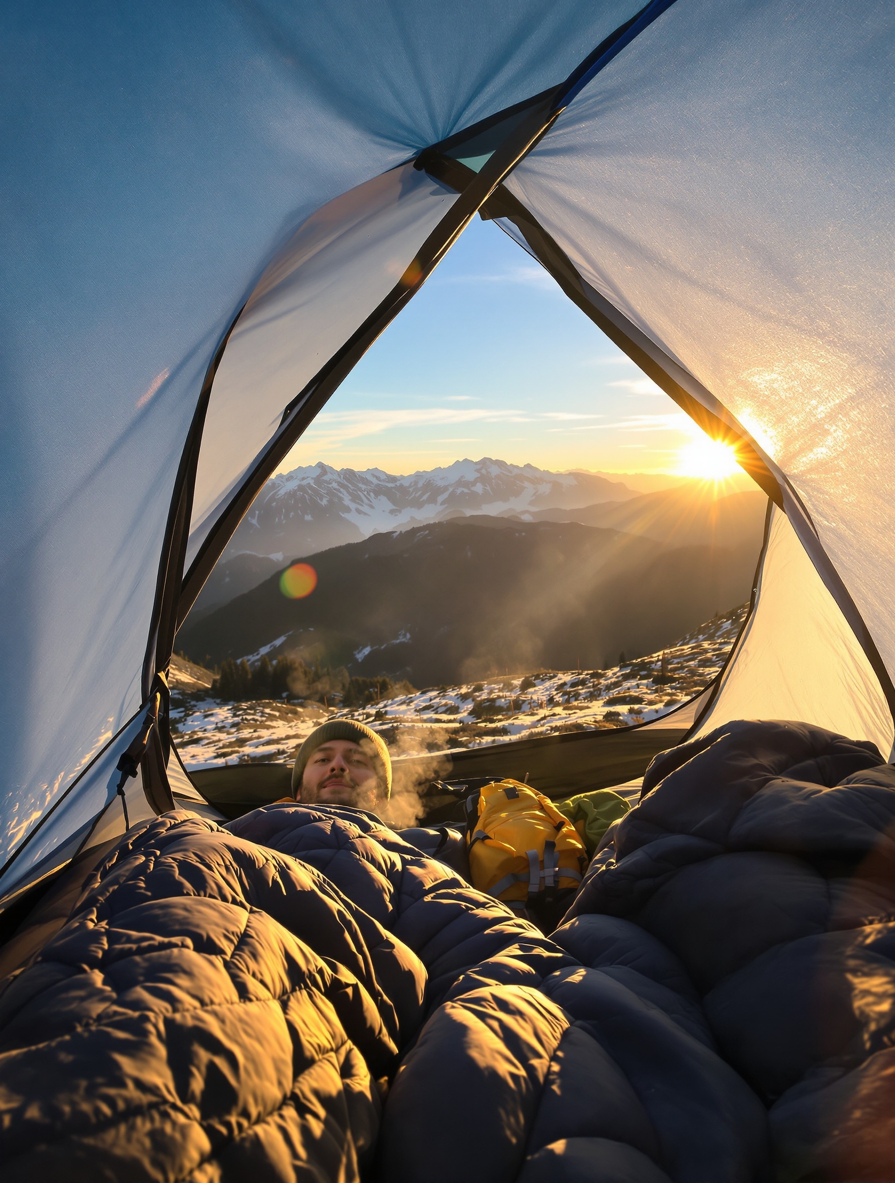 Lever de soleil bivouac montagne tente sac couchage