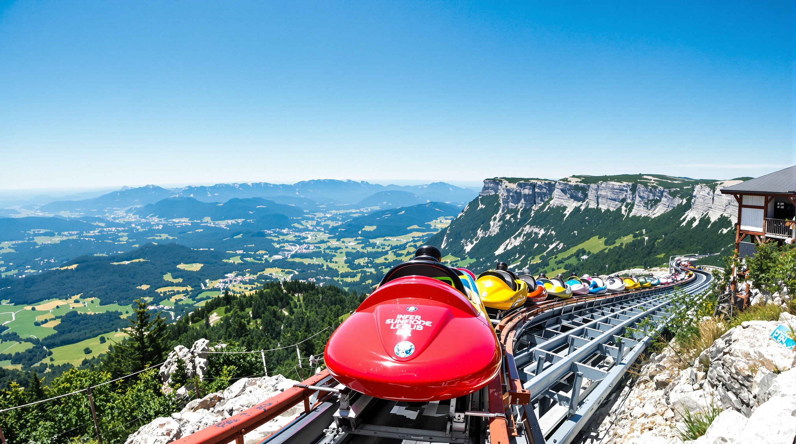 Vue d'une luge d'été sur son rail, prête à dévaler la pente, avec un magnifique panorama du Vercors en arrière-plan.