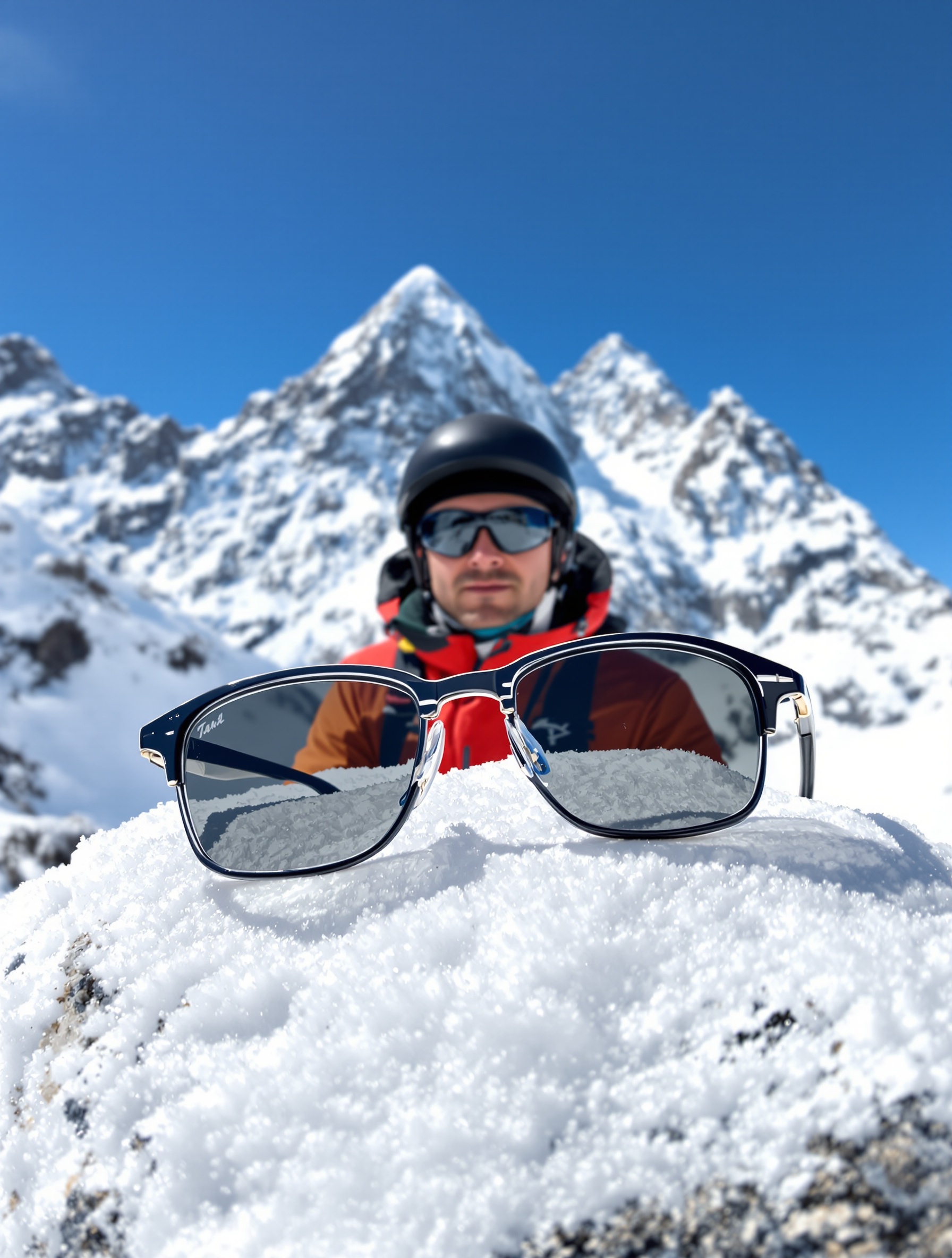 Comparaison entre lunettes 'fashion' inutiles sur neige et véritables lunettes glacier catégorie 4 devant un sommet alpin.