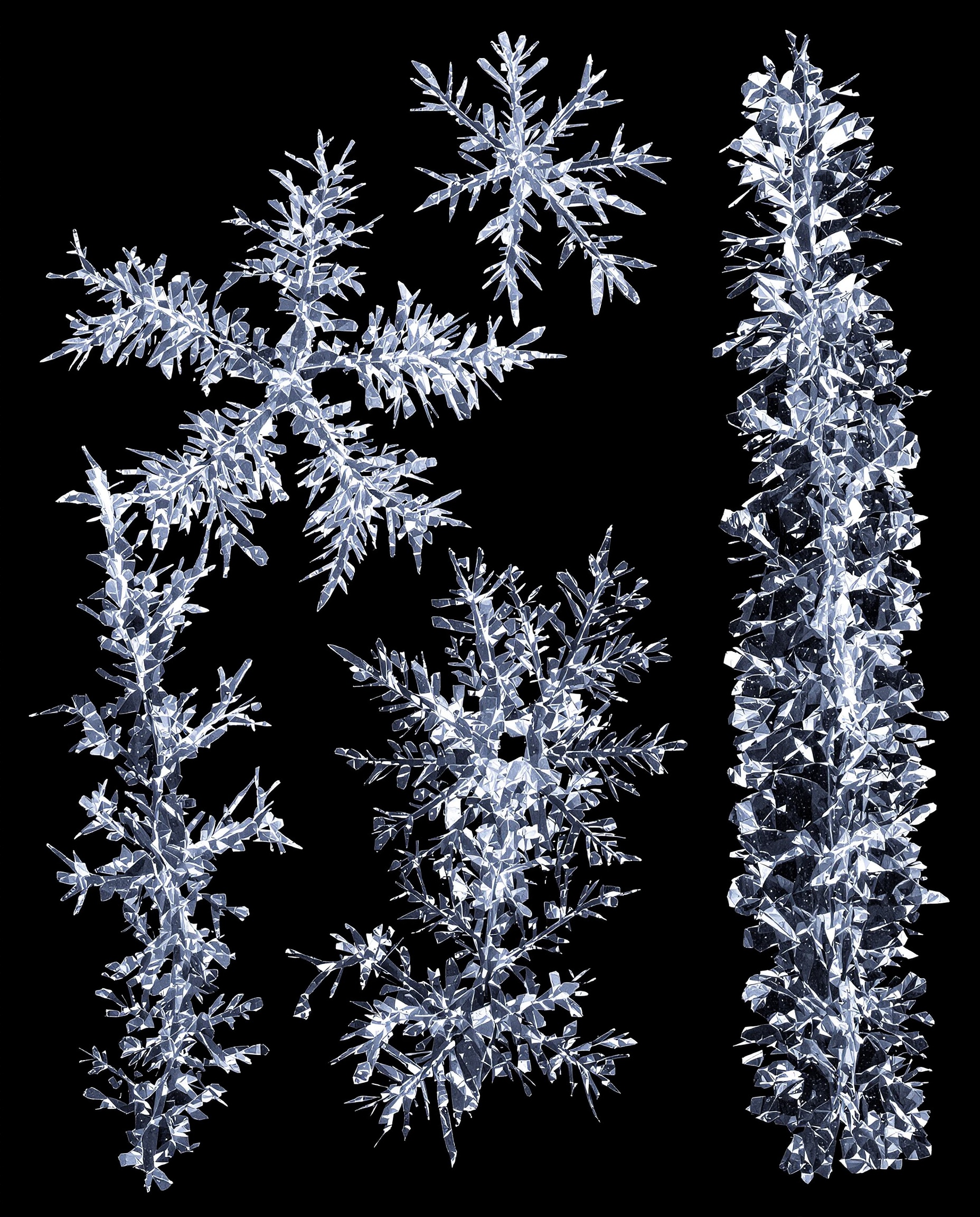 Types de cristaux de neige observés au microscope : dendrites étoilées formées par forte humidité et températures proches de -12°C ; plaquettes hexagonales autour de 0 à -4°C ; aiguilles avec humidité élevée entre -4 et -6°C ; colonnes et prismes présents à basses températures — illustration scientifique contrastée sur fond noir.