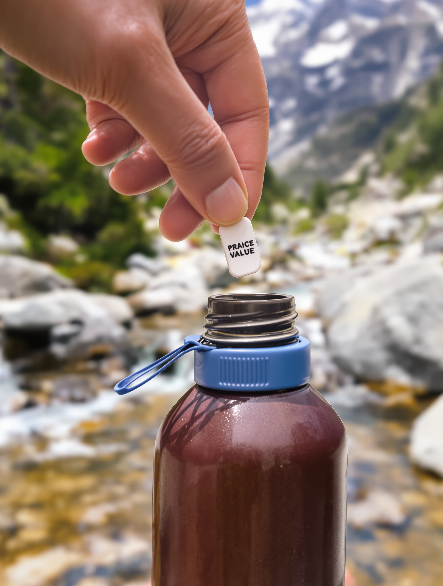 Pastille purifiante tombant dans une gourde en randonnée