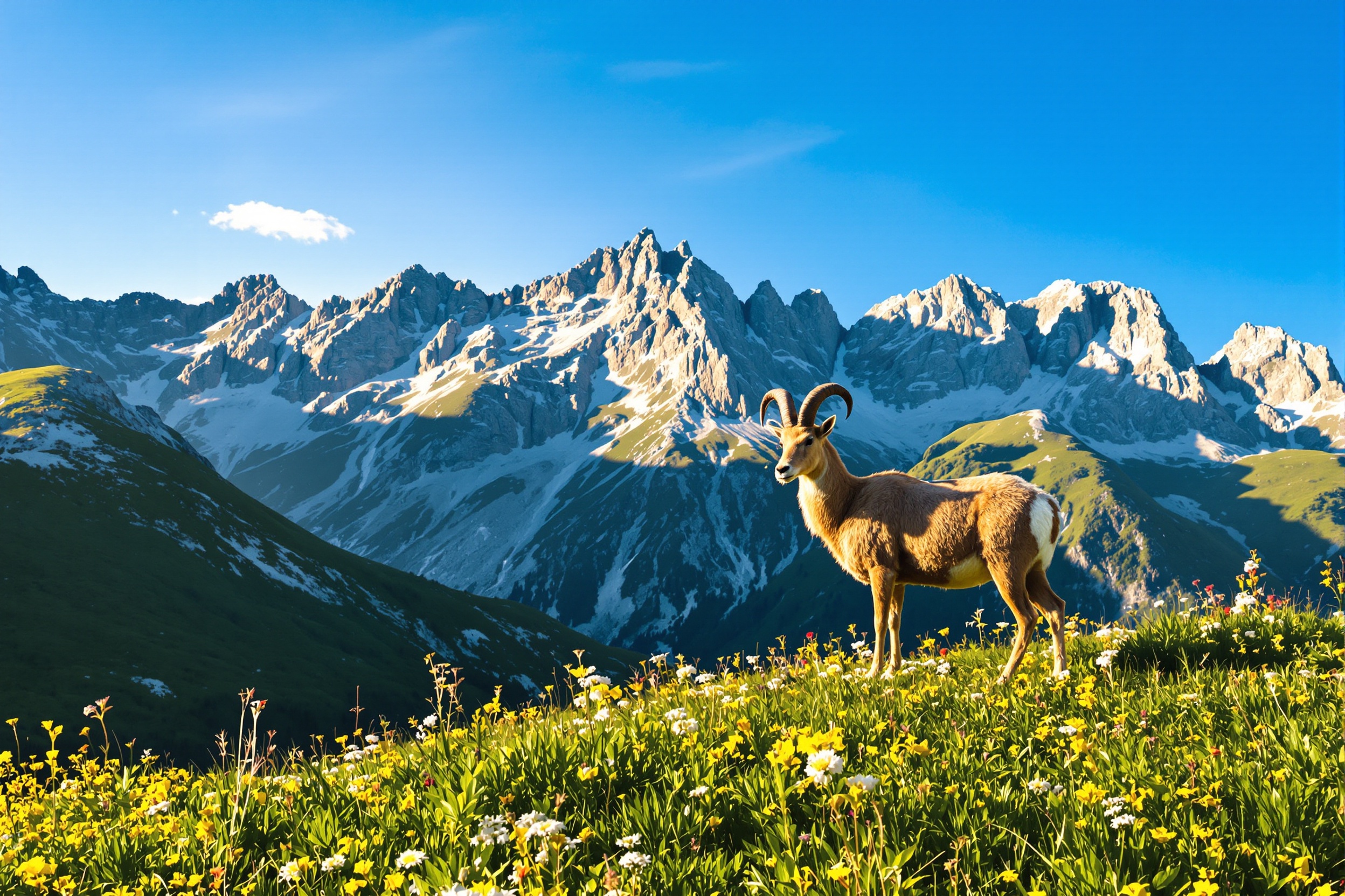 Paysage spectaculaire du Massif des Bauges avec un chamois sur une épaule herbeuse sous le soleil du matin.
