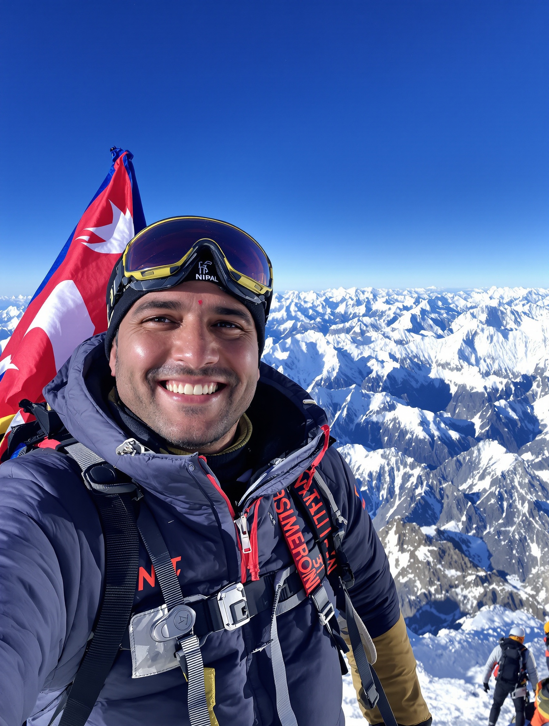 Nirmal Purja souriant au sommet avec son drapeau népalais lors du Project Possible 14/7