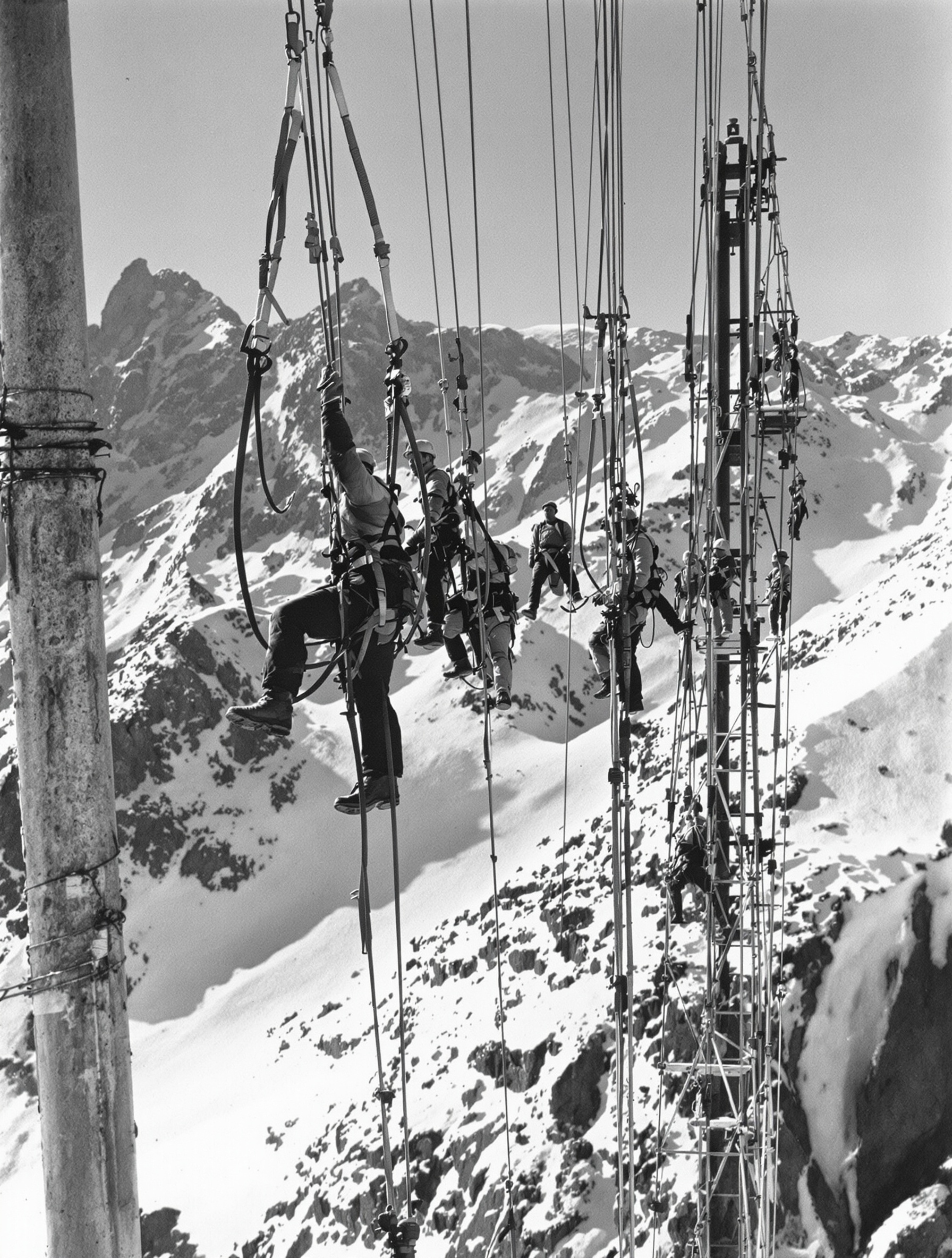 Ouvriers sur câbles et pylônes lors de la construction historique du téléphérique de l'Aiguille du Midi dans les années 1950.