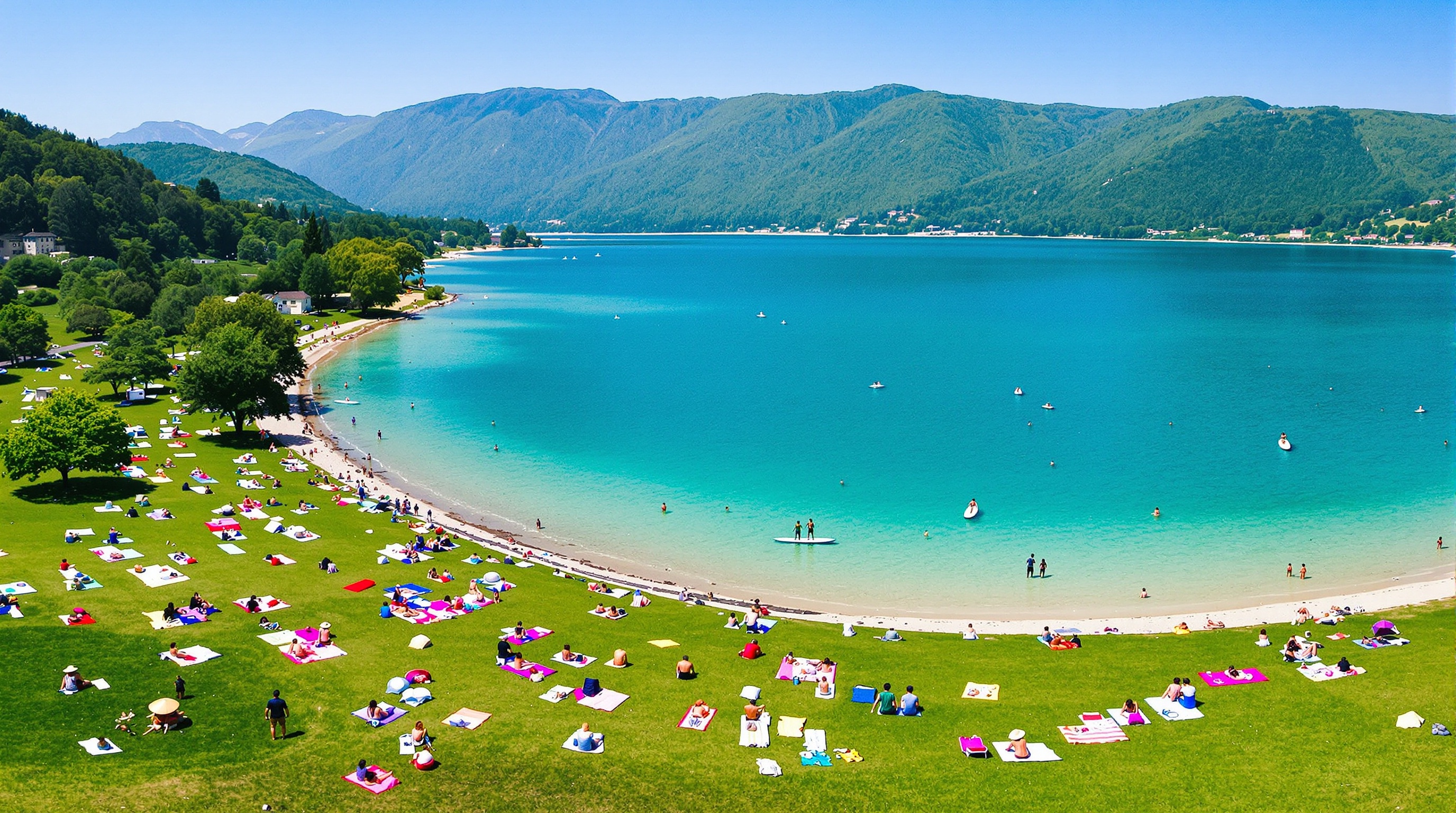Vue d'ensemble de la Plage du Sougey au Lac d'Aiguebelette, avec son étendue d'eau turquoise et ses zones de pelouse aménagées pour la détente.