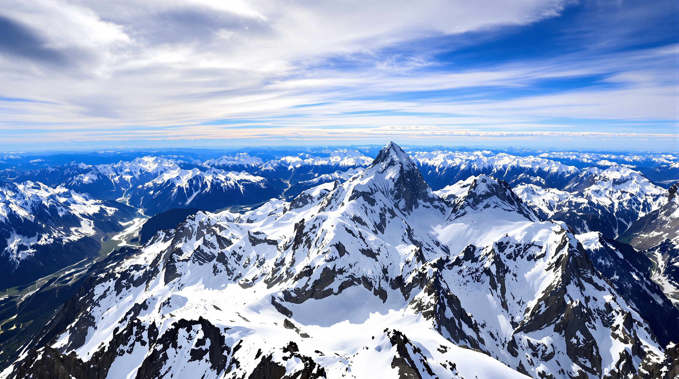 Panorama spectaculaire depuis l'Aiguille du Midi montrant le Mont Blanc et les chaînes alpines environnantes sous un ciel changeant.