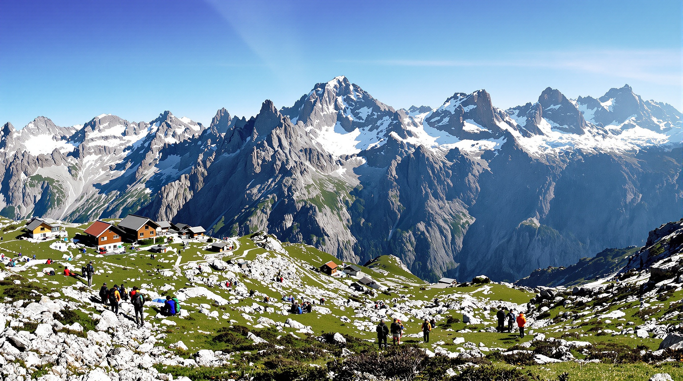 Panorama de plusieurs massifs français, refuges typiques en altitude, ambiance prudence et aventure.