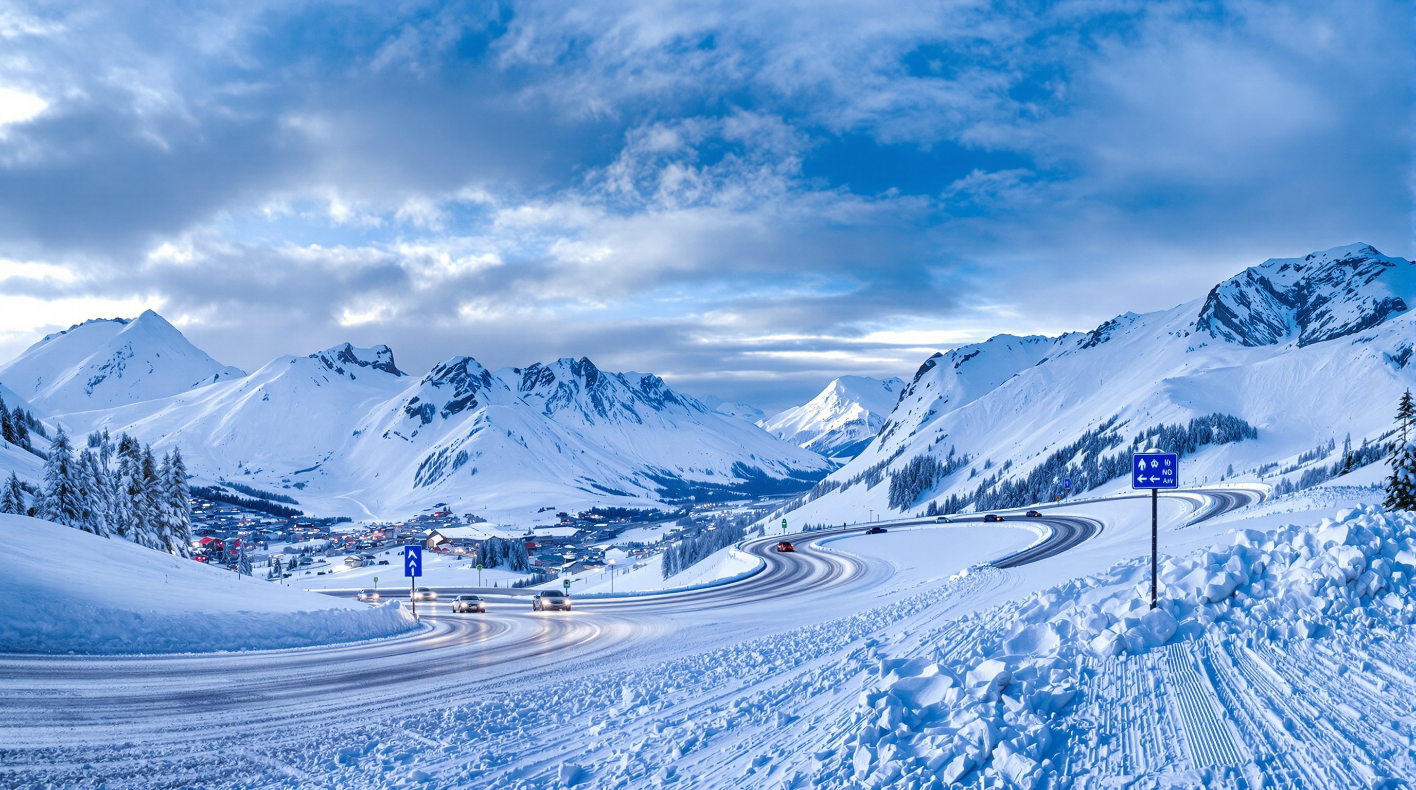 Panorama de la route sinueuse menant à Val Thorens sous la neige, avec voitures, panneau d'altitude et montagnes en arrière-plan, ambiance hivernale dynamique.