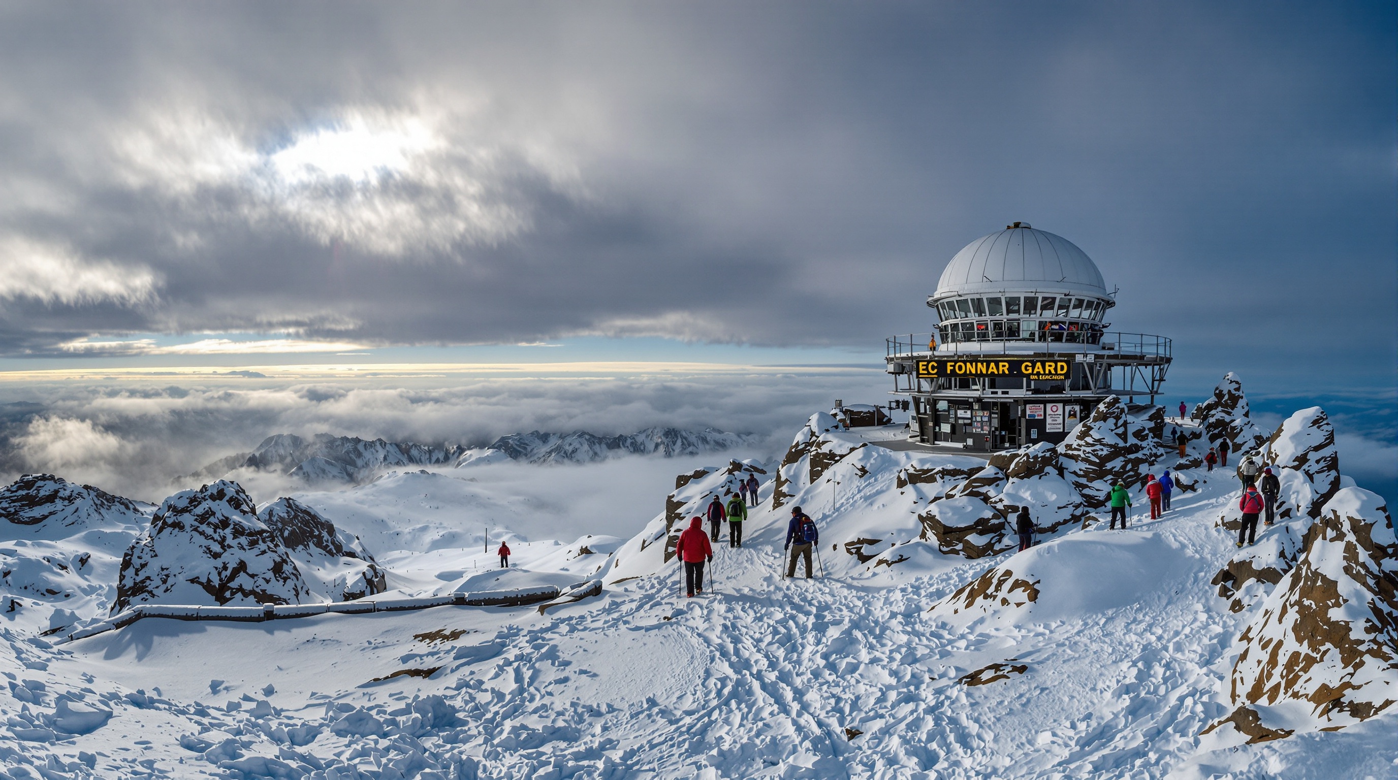 Panorama du sommet du Mont Washington, rafales de vent, neige soufflée, abri météorologique, randonneurs luttant contre la tempête, ambiance polaire