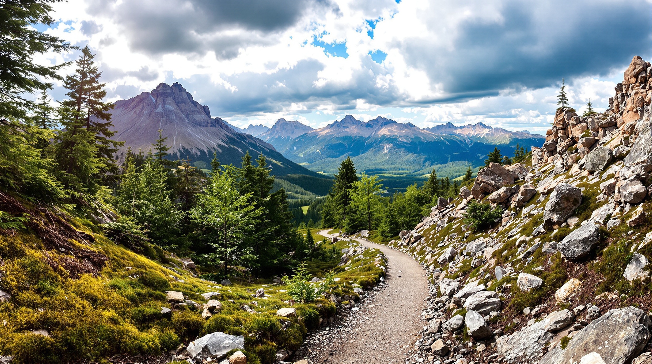 Un panorama varié des terrains rencontrés en randonnée, allant du sentier forestier doux aux crêtes rocheuses alpines, illustrant la diversité des défis pour vos chaussures.
