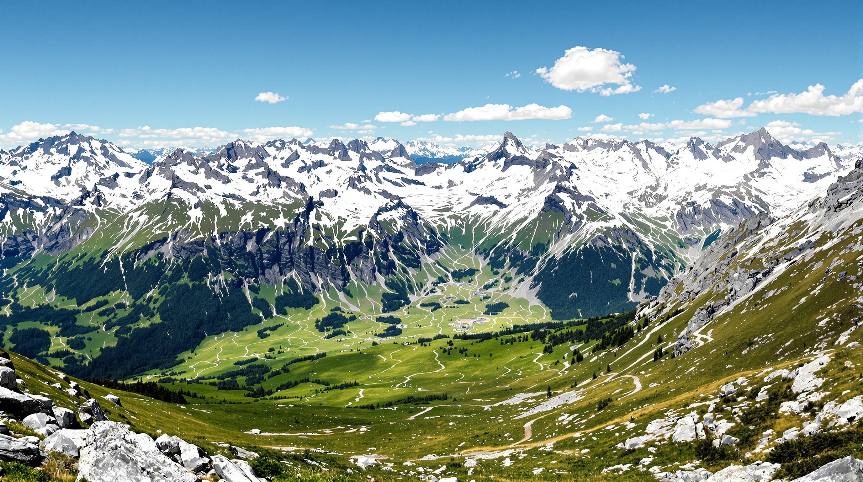 Panorama époustouflant sur le massif de la Vanoise avec sommets enneigés et vallées verdoyantes.