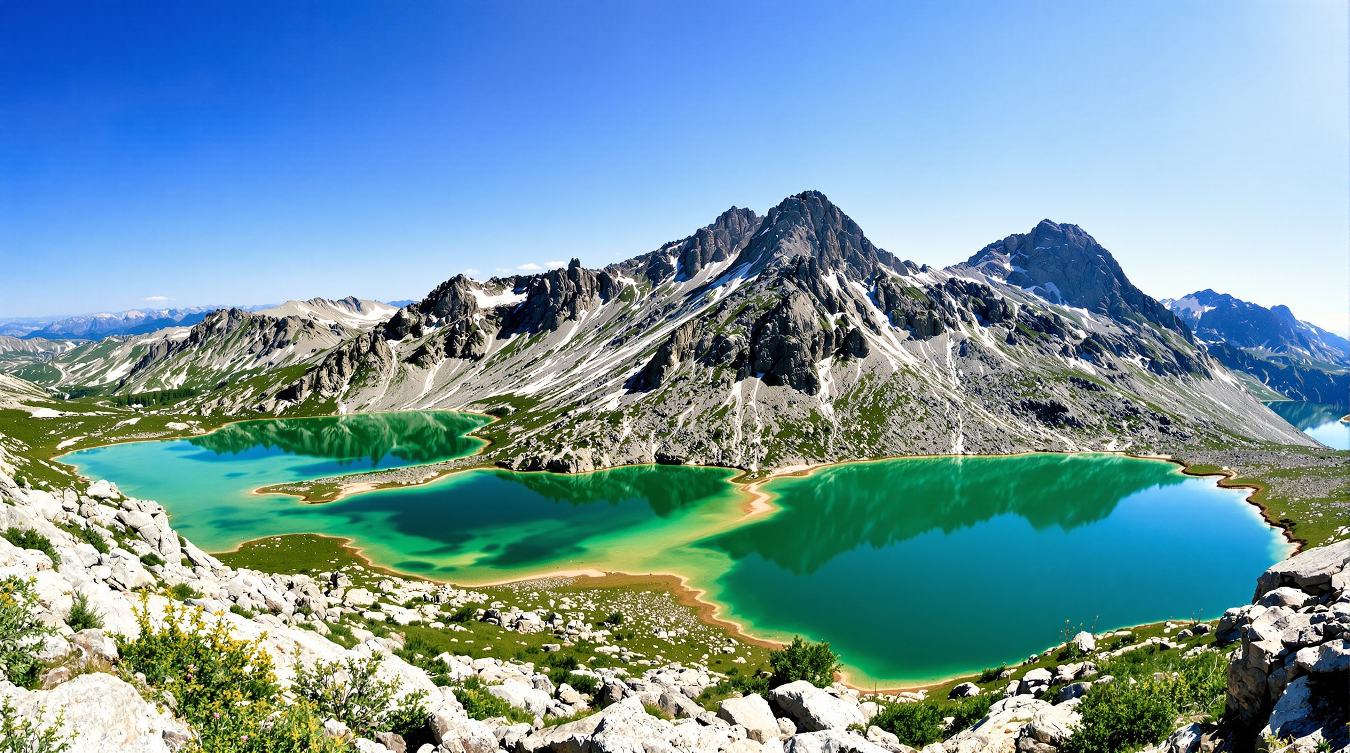 Une vue panoramique des Lacs des 7 Laux dans le massif de Belledonne, avec leurs couleurs variées se détachant sur un paysage rocheux et minéral sous un ciel d'été.