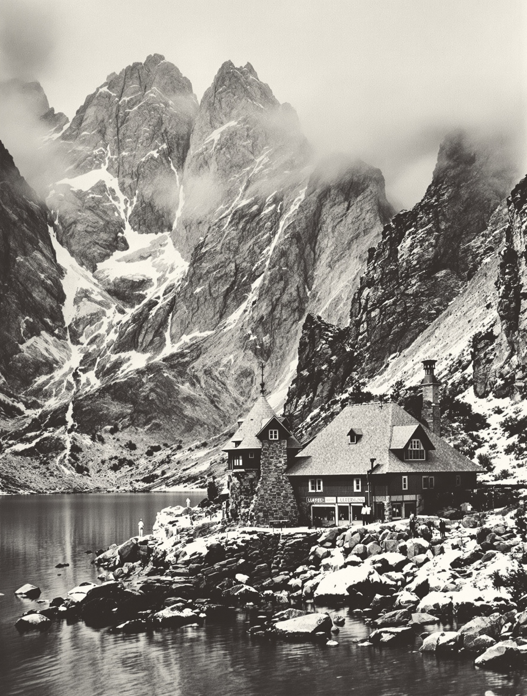 Ancien Refuge du Goléon en noir et blanc, ambiance historique avec alpinistes devant