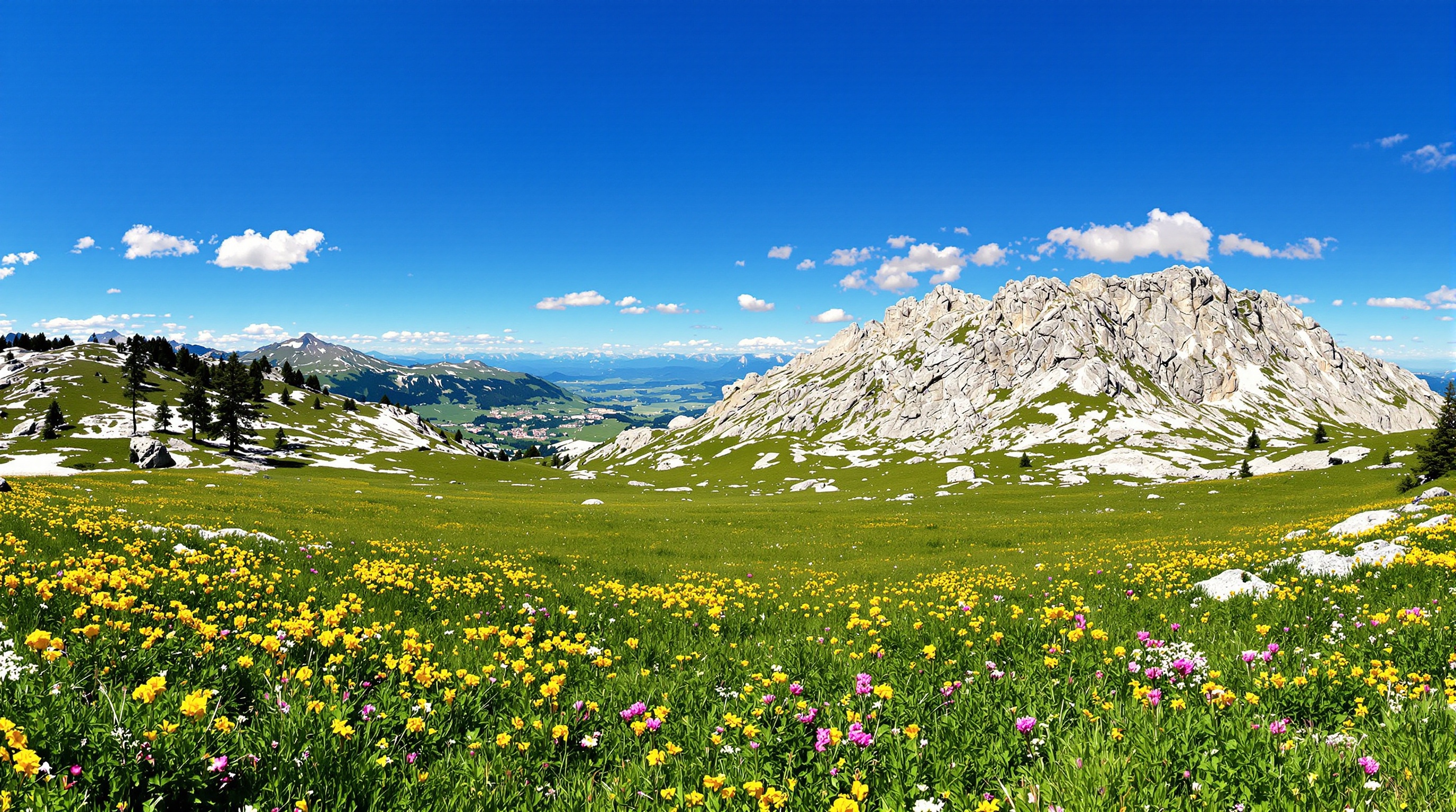 Panorama du Plateau de Cenise : herbes alpines mêlées aux rochers karstiques blancs sous un ciel immense ; falaises du Bargy à gauche et douces pentes du Bornes à droite ; fleurs sauvages au premier plan.