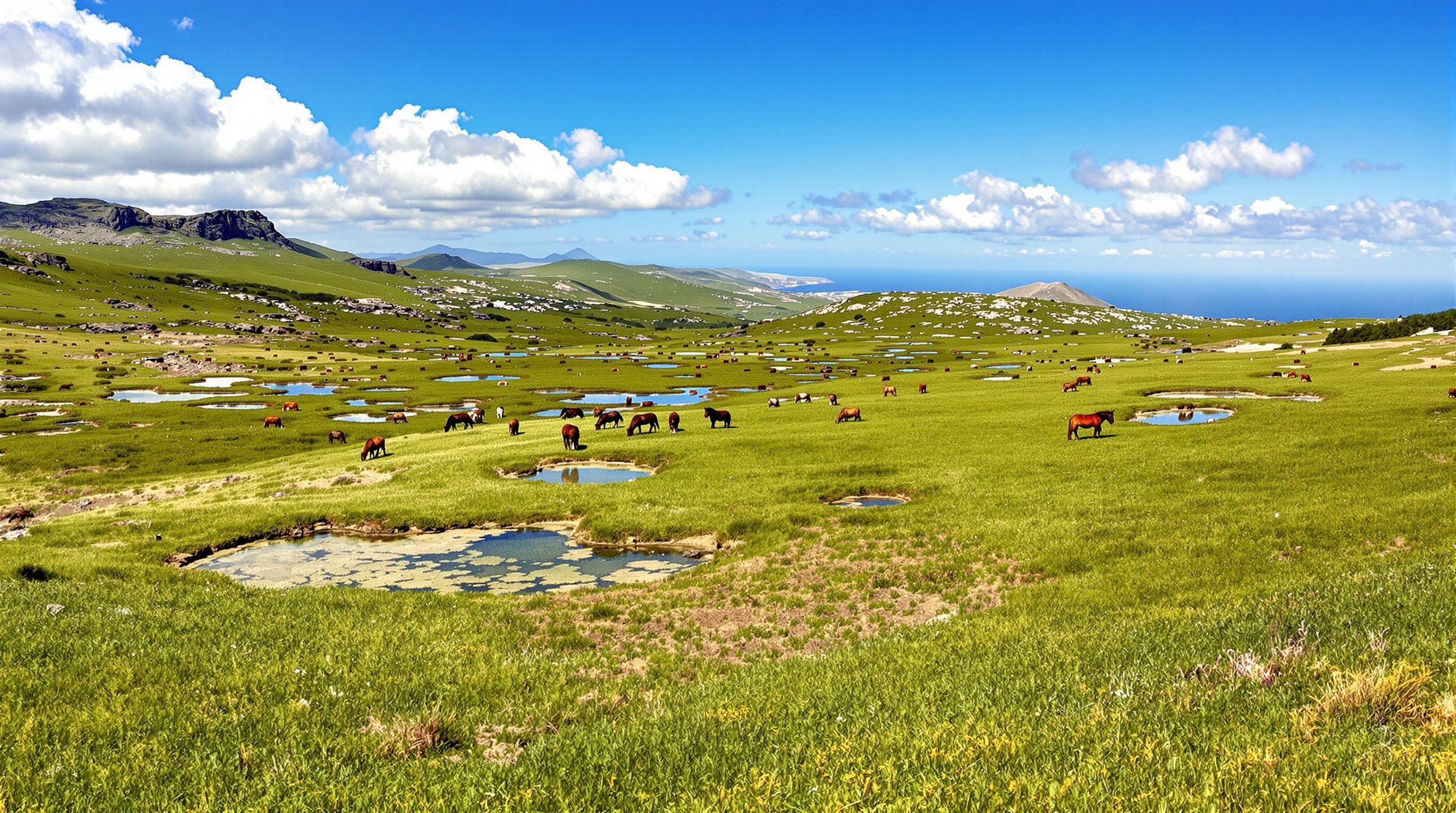 Vue panoramique des vastes pozzines du Plateau du Coscione en Corse, avec des chevaux en liberté et des mares d'eau au milieu d'une pelouse verte luxuriante sous un ciel bleu.
