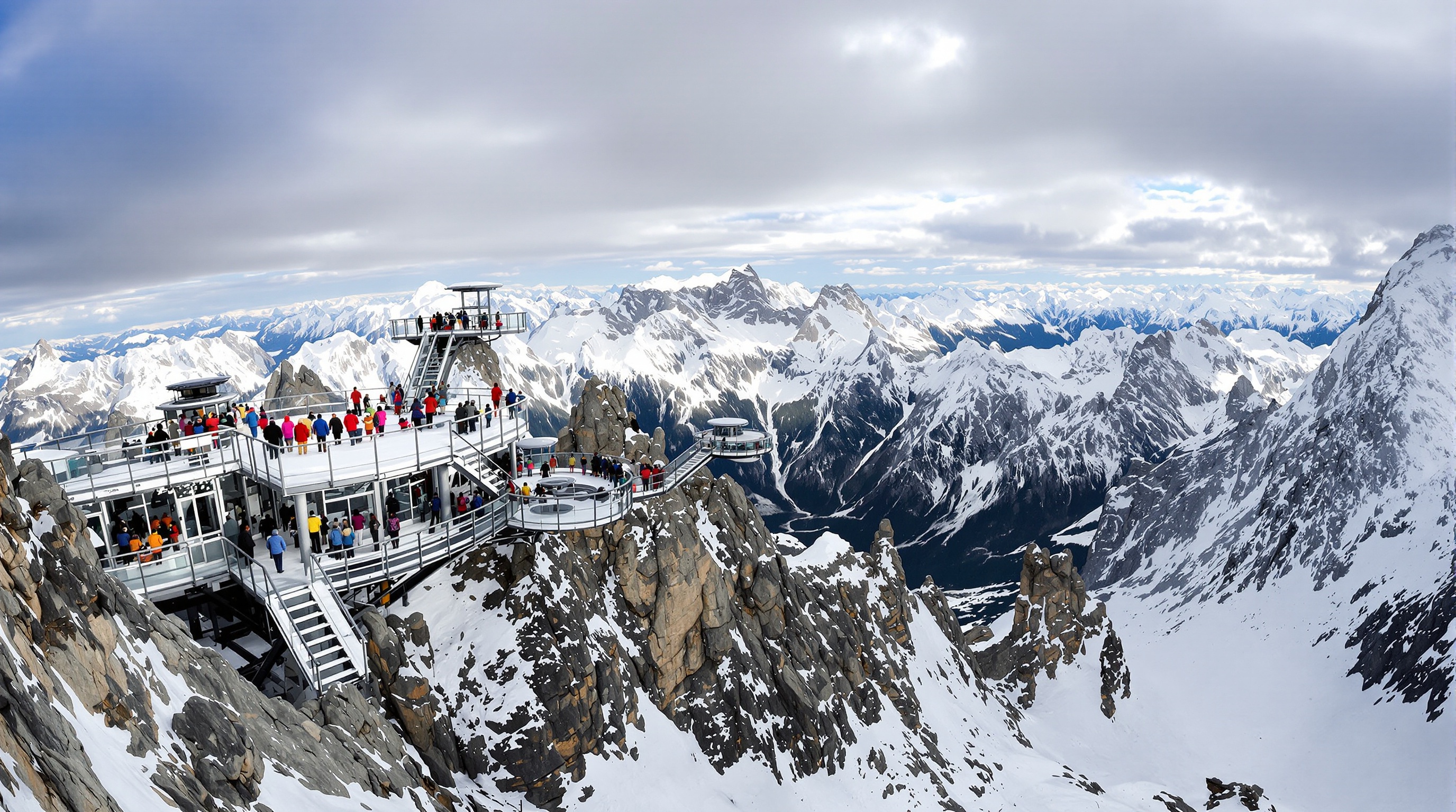 Plateformes d'observation Aiguille du Midi avec visiteurs admirant le panorama alpin.