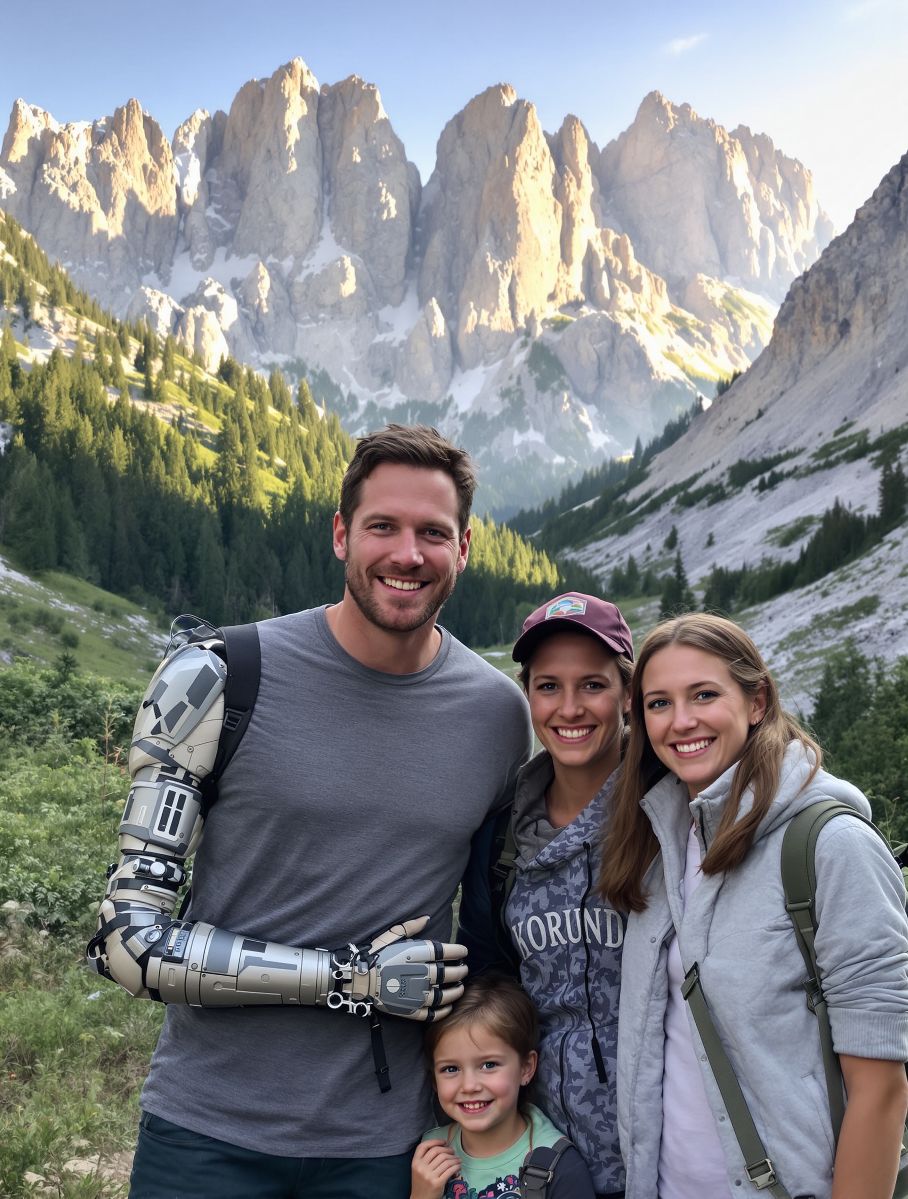 Portrait d'Aron Ralston avec sa famille dans un paysage de montagne.