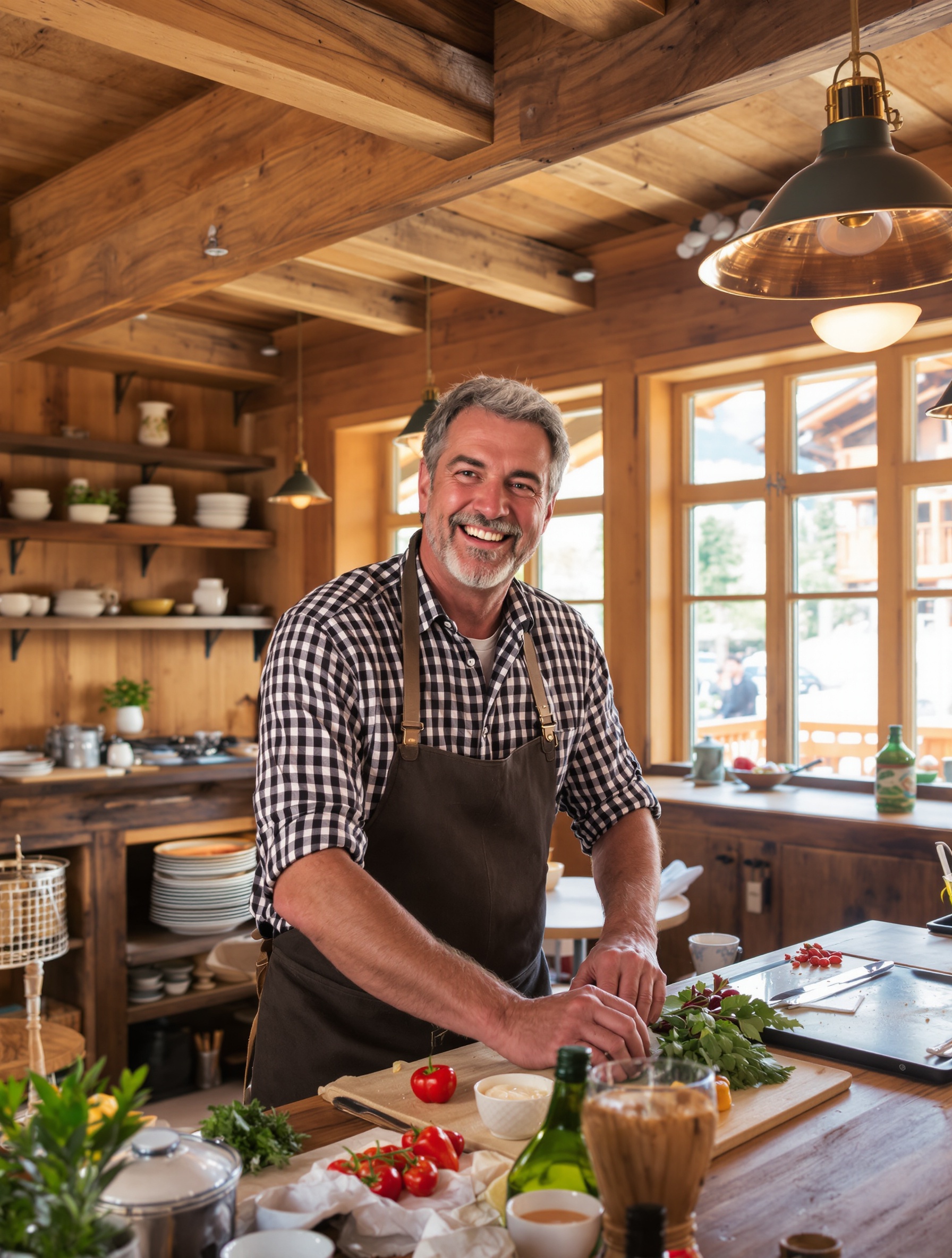Gardien souriant servant le repas dans un refuge boisé de la Vanoise.