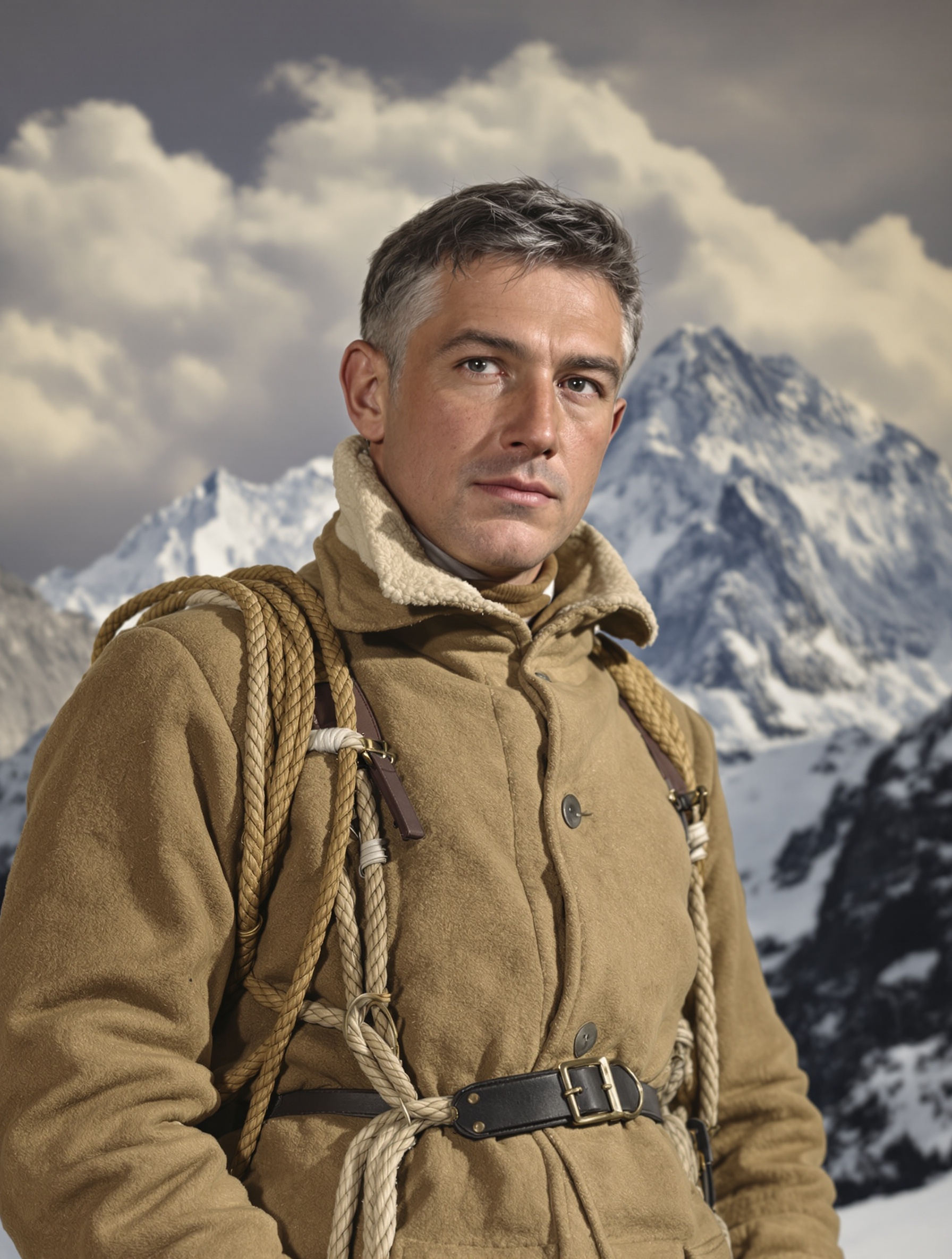 Portrait réaliste de George Mallory devant l'Everest