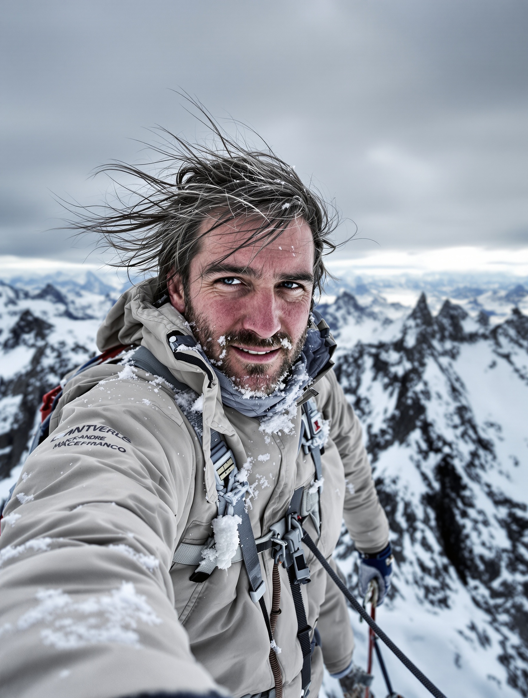 Marc-André Leclerc sur une arête neigeuse en Patagonie, déterminé