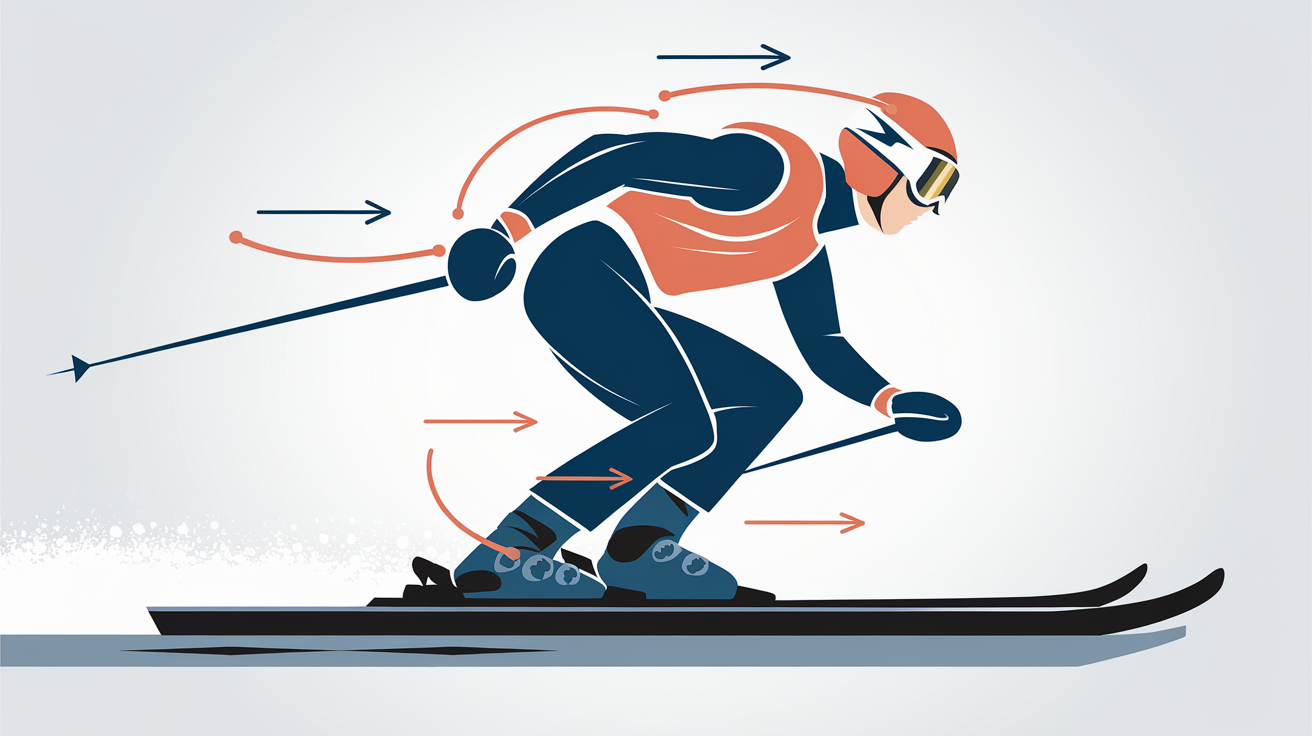 Illustration schématique montrant la posture idéale d'un skieur : genoux fléchis, buste légèrement penché en avant, bras écartés pour l'équilibre, et regard dirigé vers la direction du prochain virage.