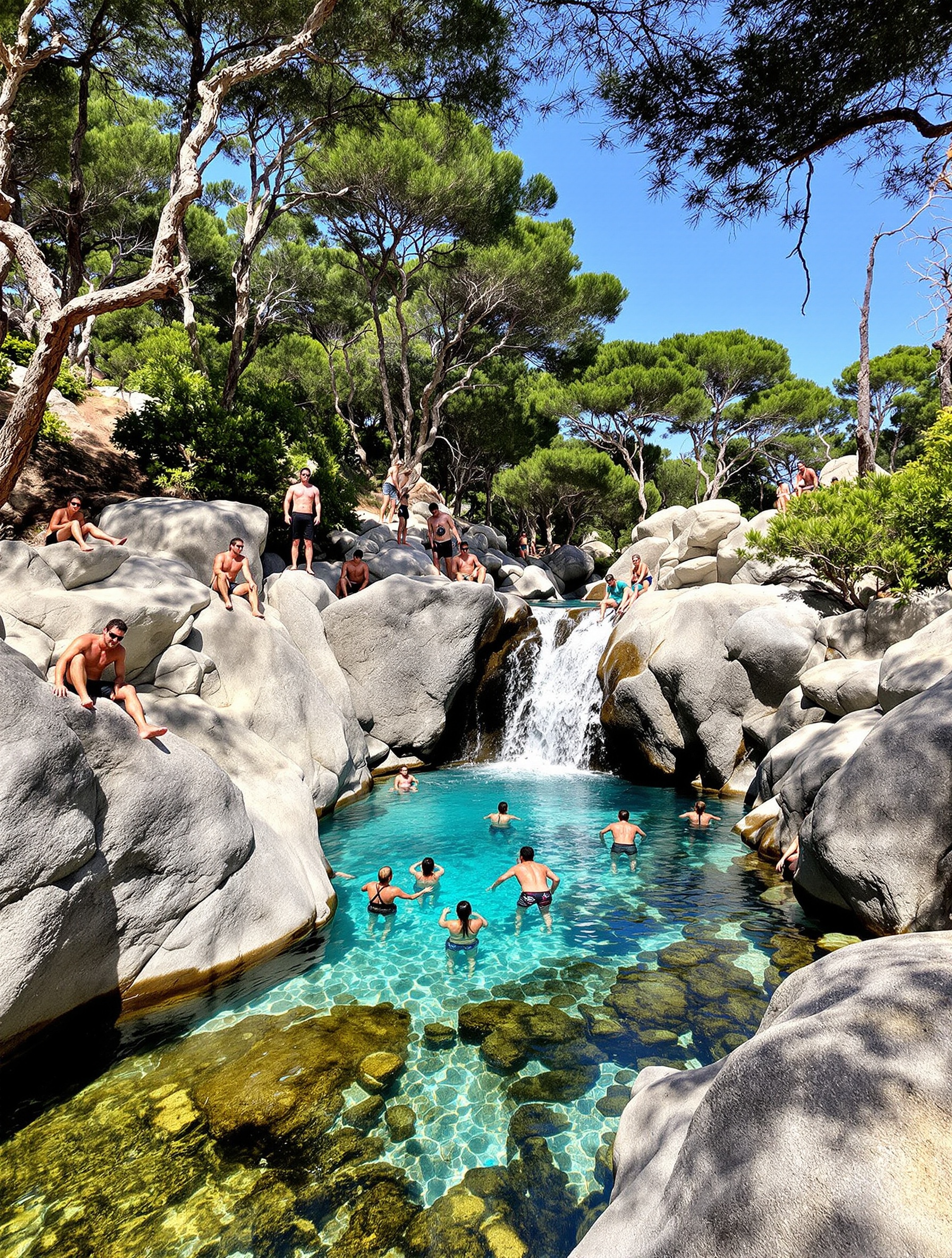 Des randonneurs et baigneurs profitent des piscines naturelles de Purcaraccia, entourés de granit sculpté et de pins laricio, sous le soleil de Corse.
