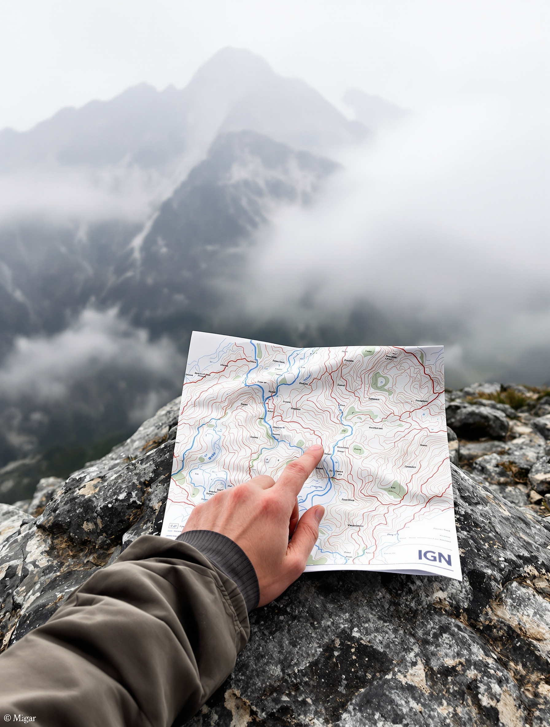 Randonneur lisant carte IGN analyse courbes niveau montagne