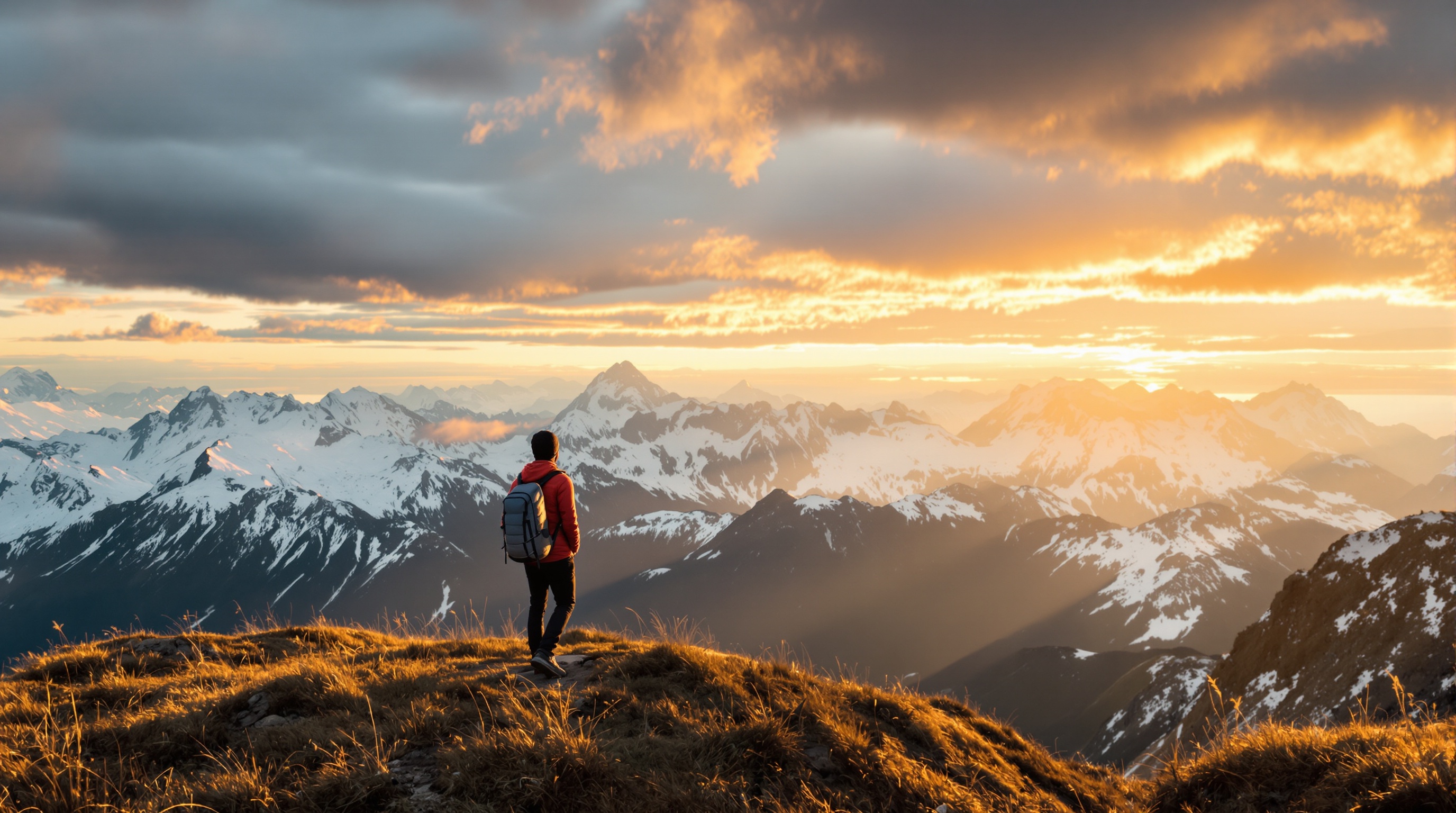Un randonneur solitaire regarde l'horizon depuis une crête herbeuse des Alpes, ambiance du soir, lumière dorée et cimes enneigées à perte de vue.