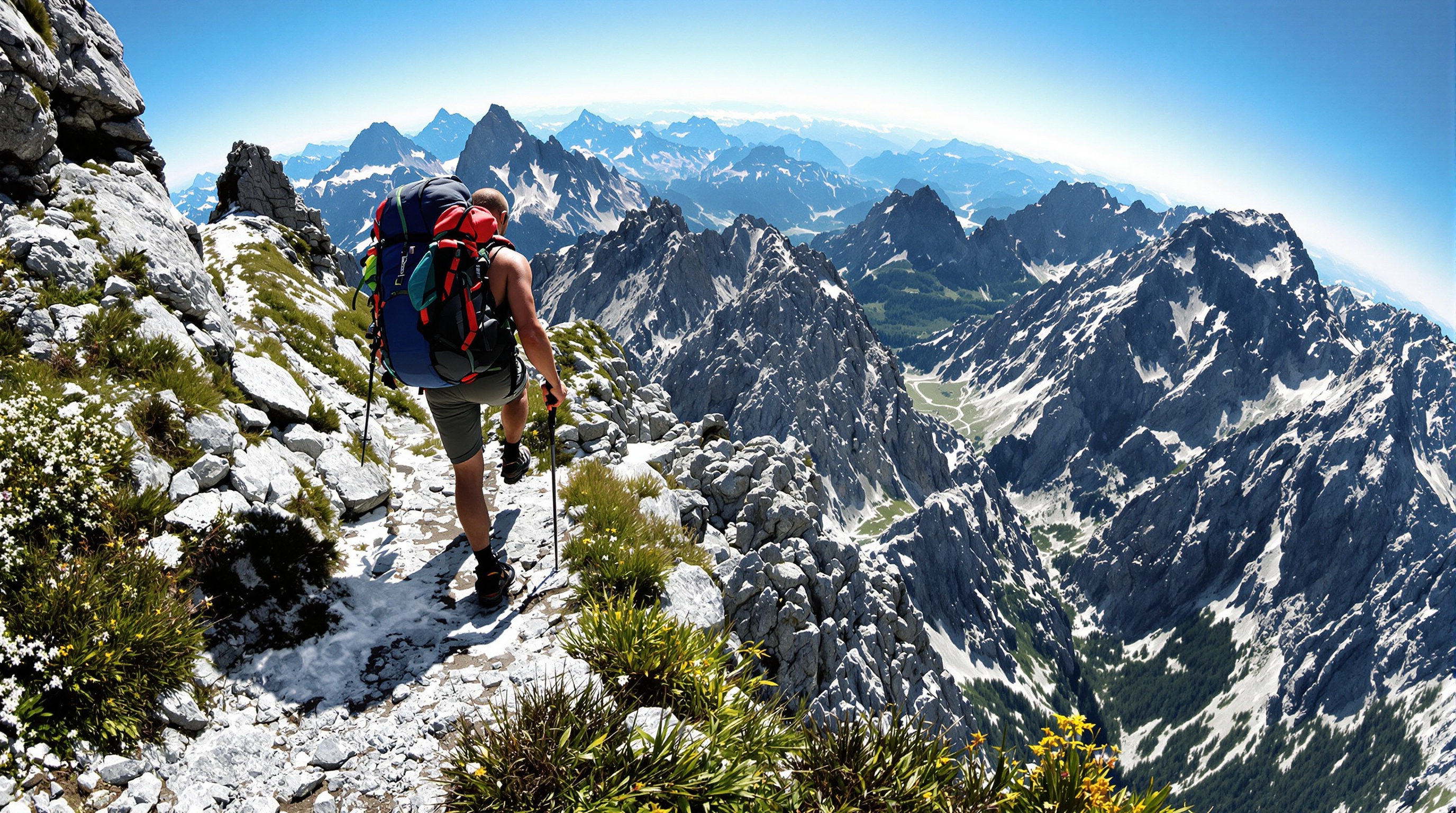 Randonneur expérimenté sur crête escarpée en Alpes effort majesté dénivelé