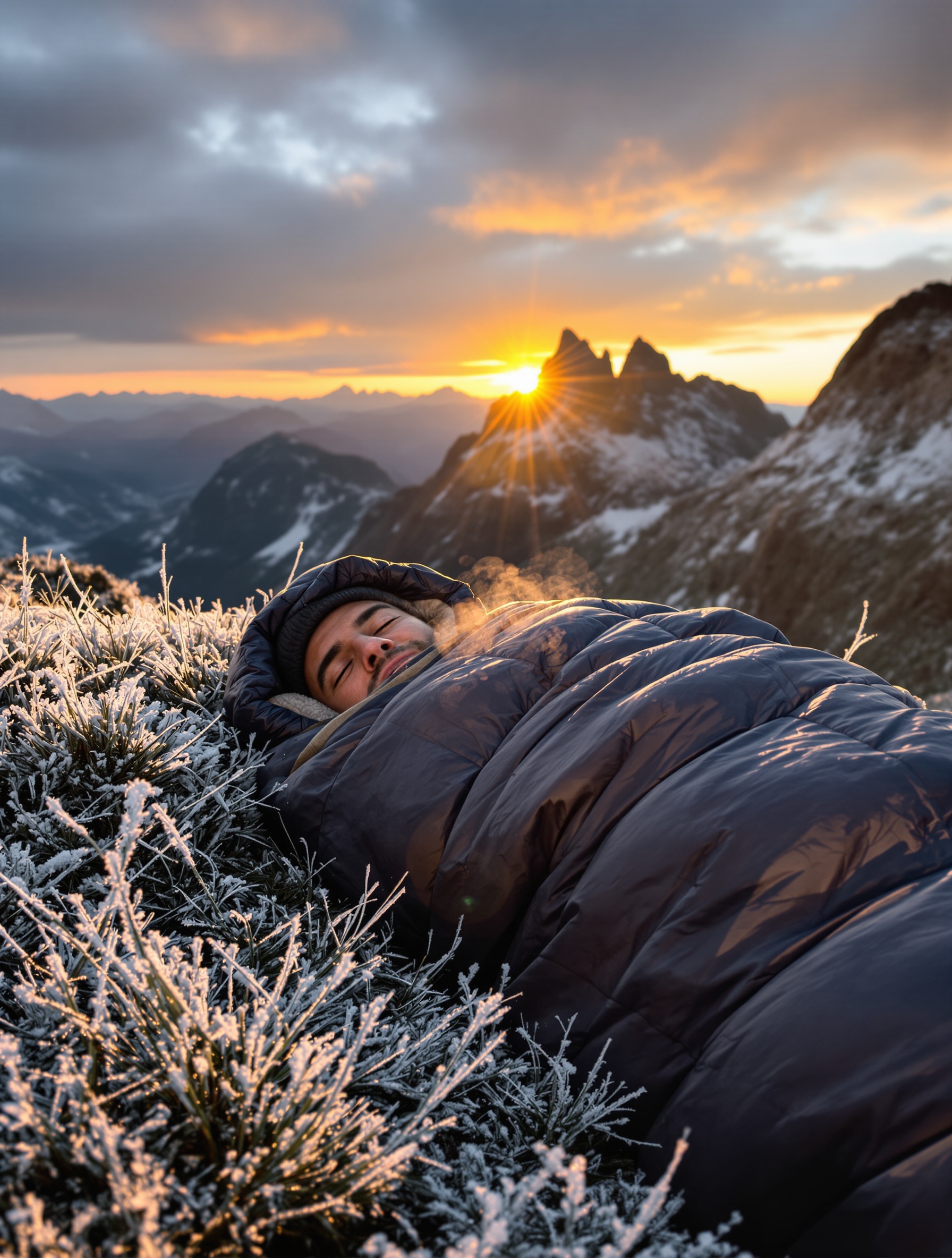 randonneur frigorifié dans son sac de couchage au lever du soleil