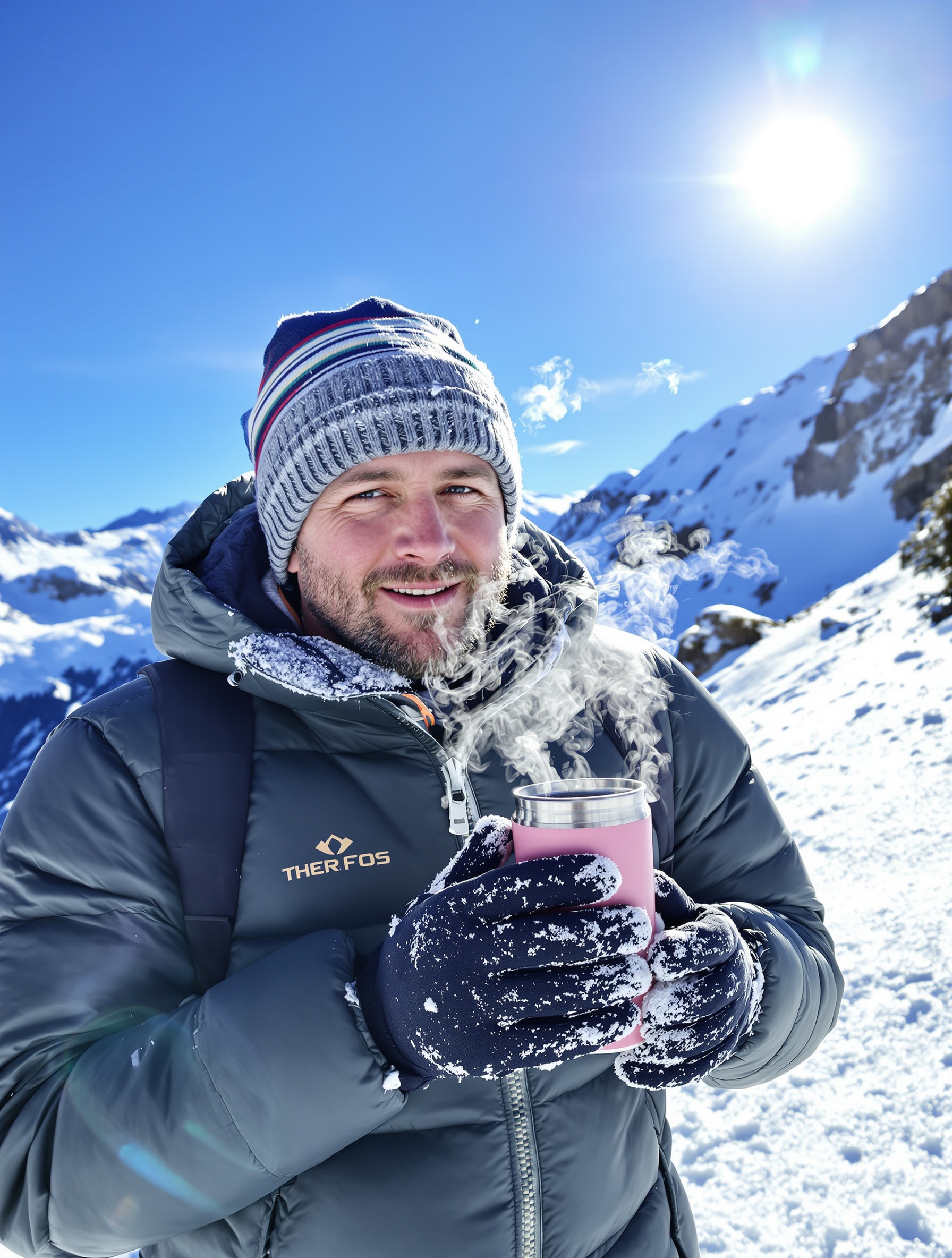 Randonneur en montagne en hiver avec thermos lors d'une pause
