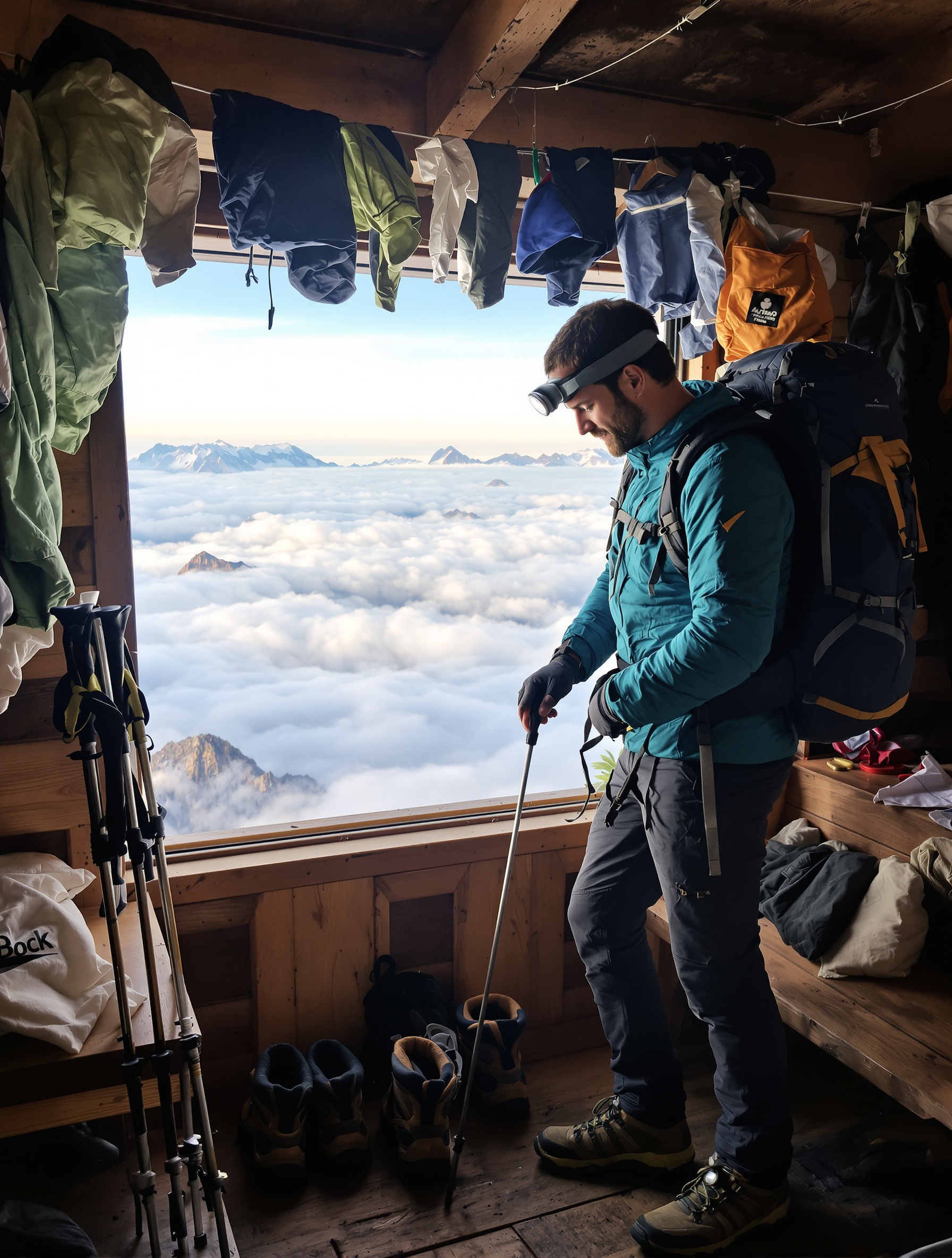 Randonneur chevronné installant son sac dans un refuge rustique de Belledonne