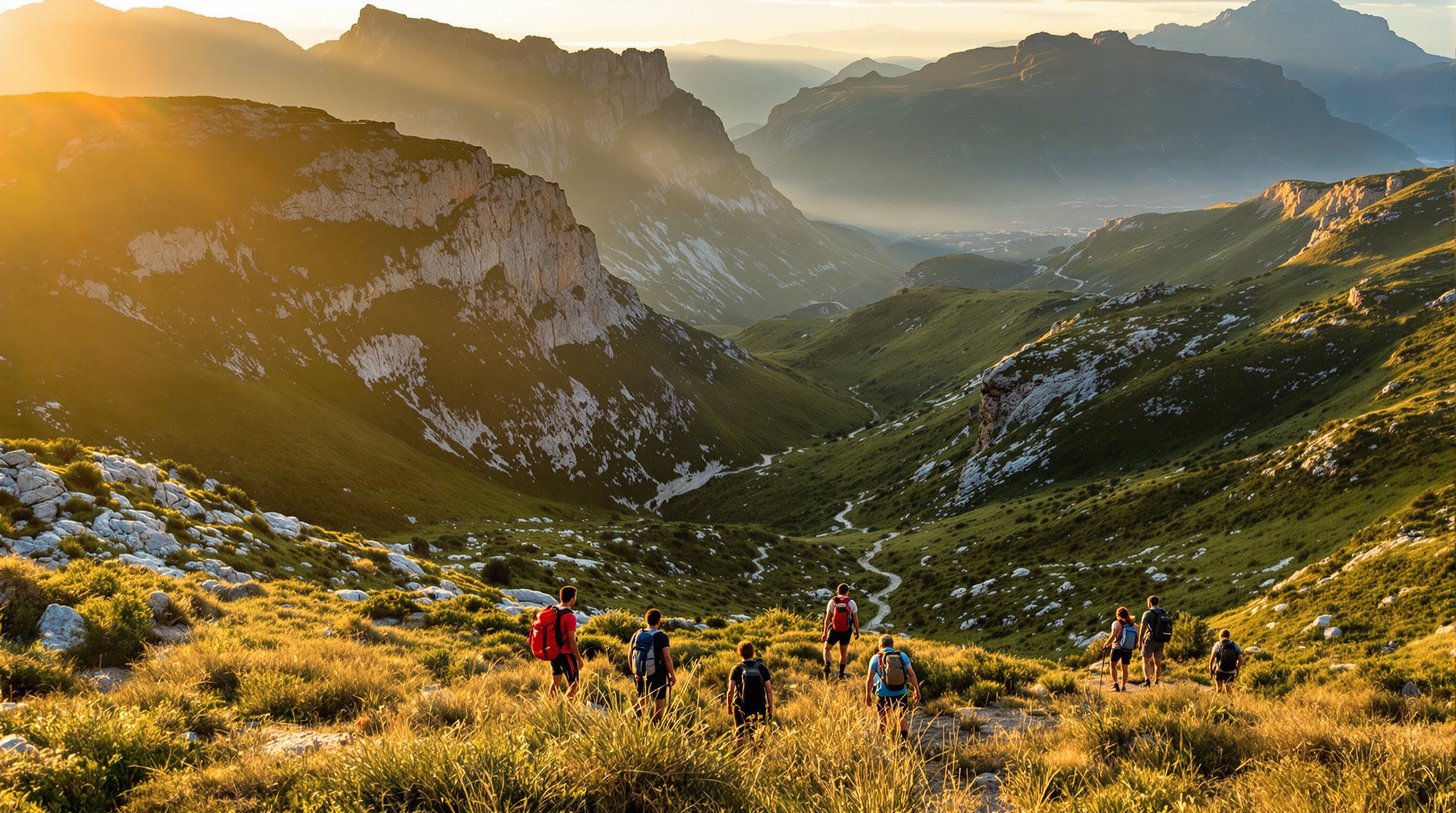 Randonneurs contemplant le coucher de soleil sur une épaule herbeuse du GR20