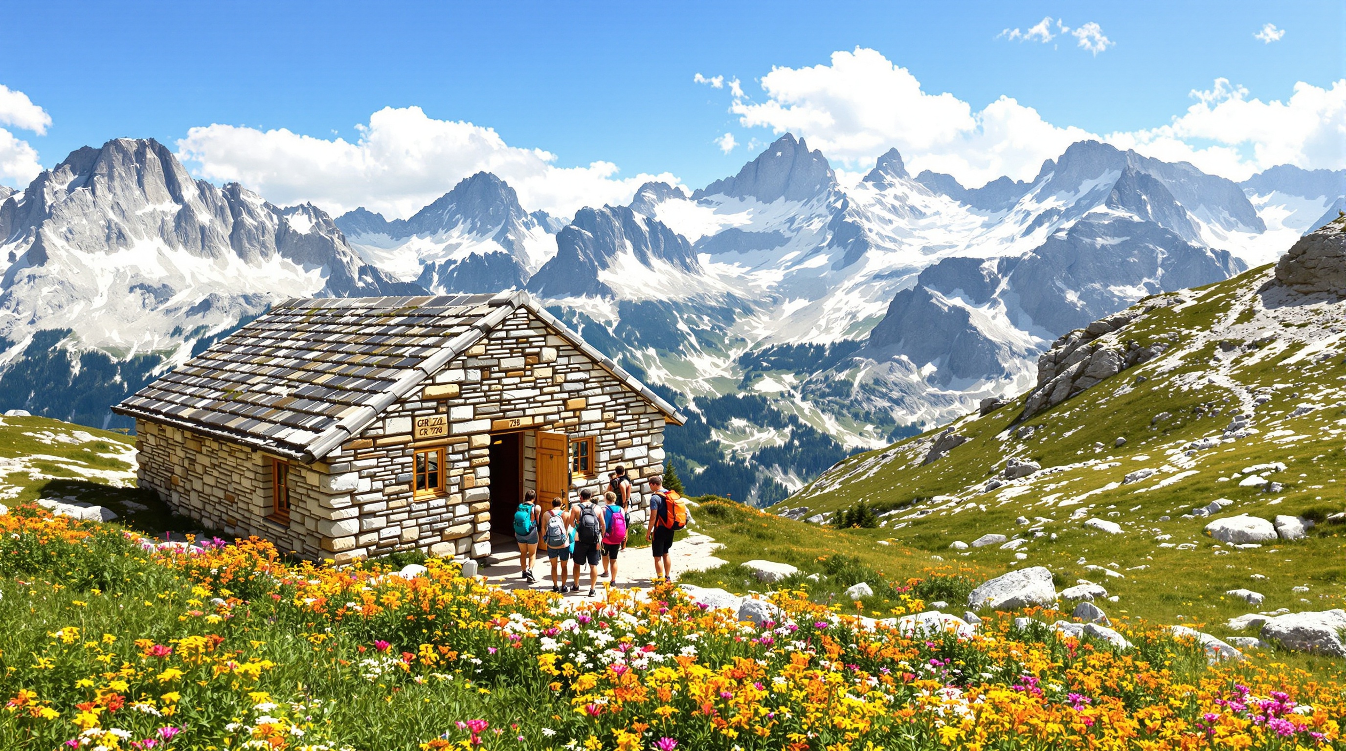 Randonneurs devant un refuge de Belledonne avec panorama alpin et bouquetin au loin