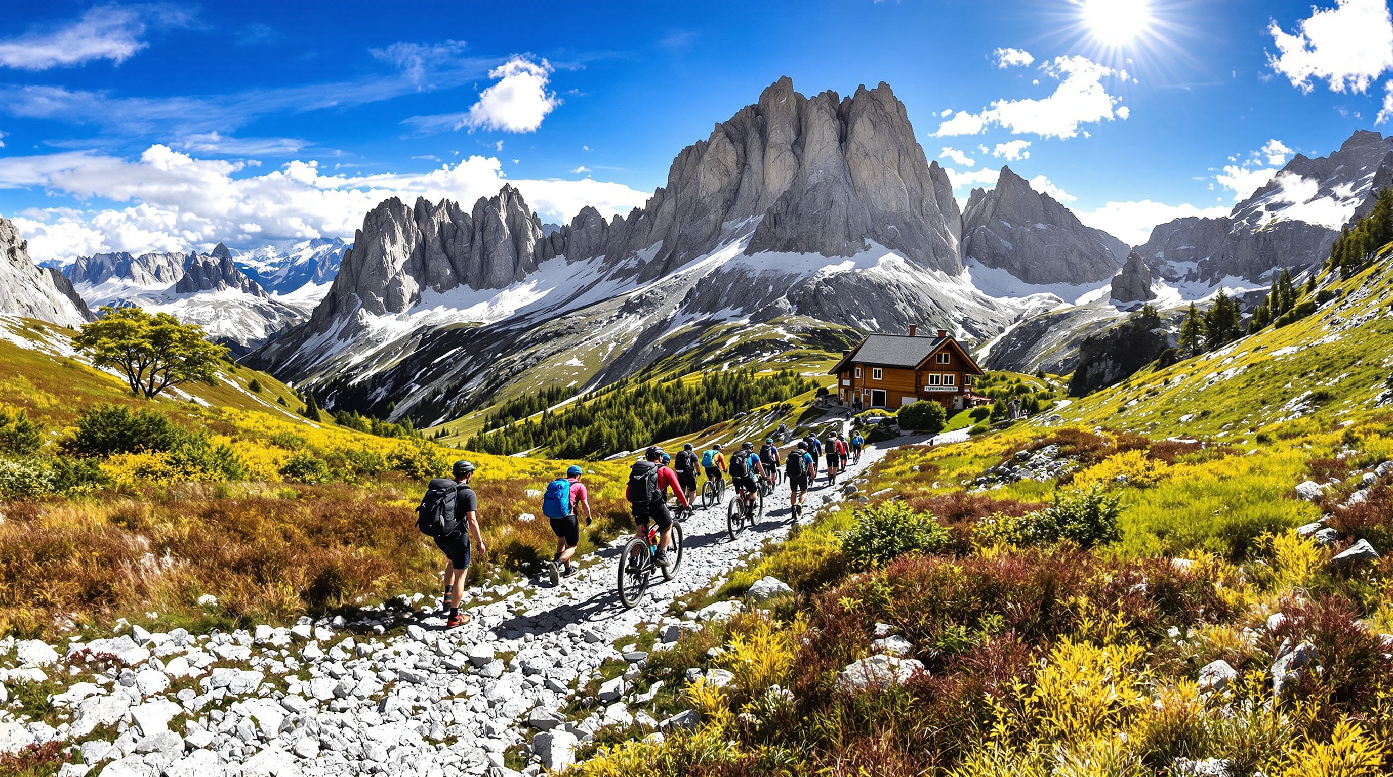 Randonneurs approchant un refuge en Vanoise à pied et en VTT sur sentier alpin.