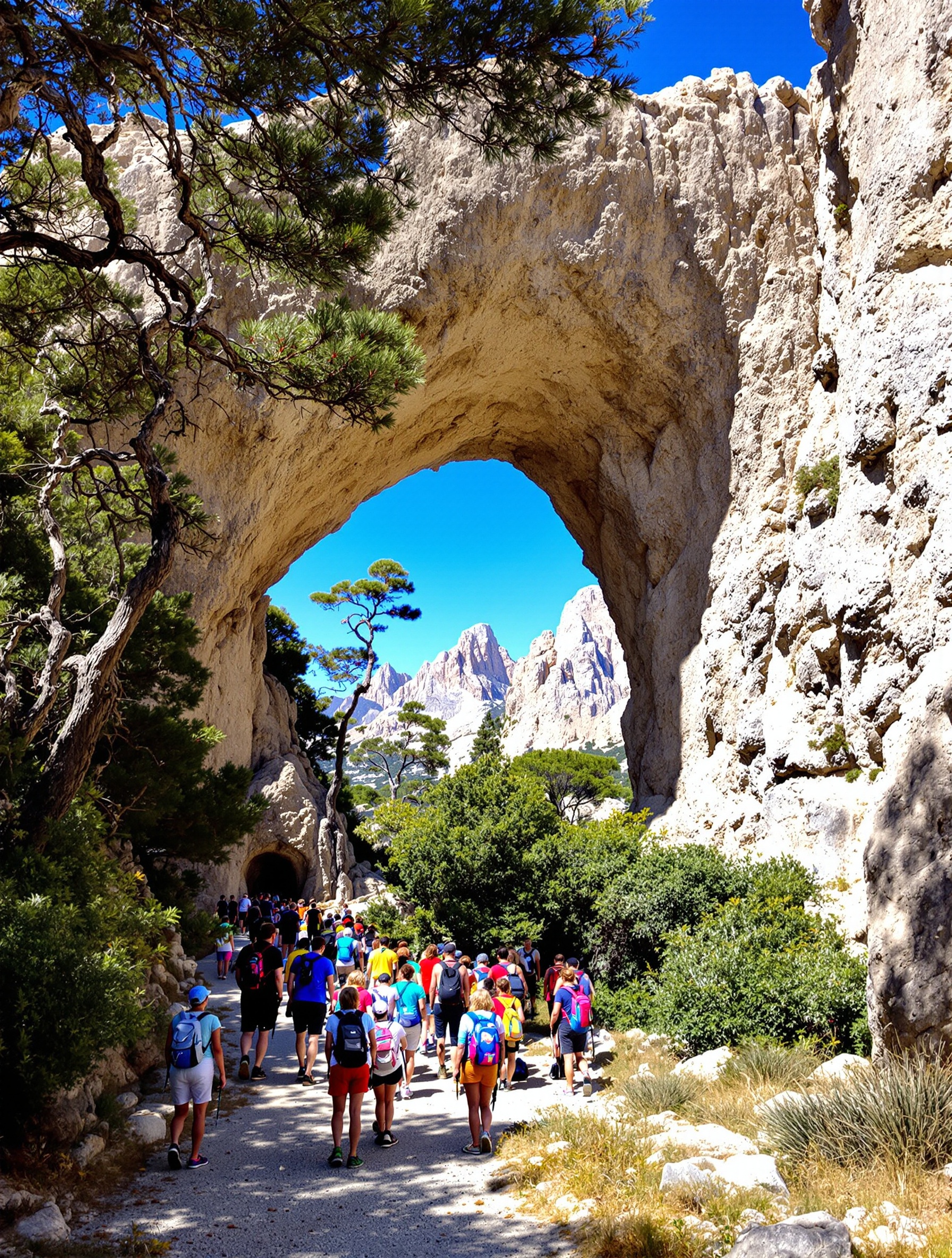 Randonneurs au Trou de la Bombe avec arche granitique impressionnante.